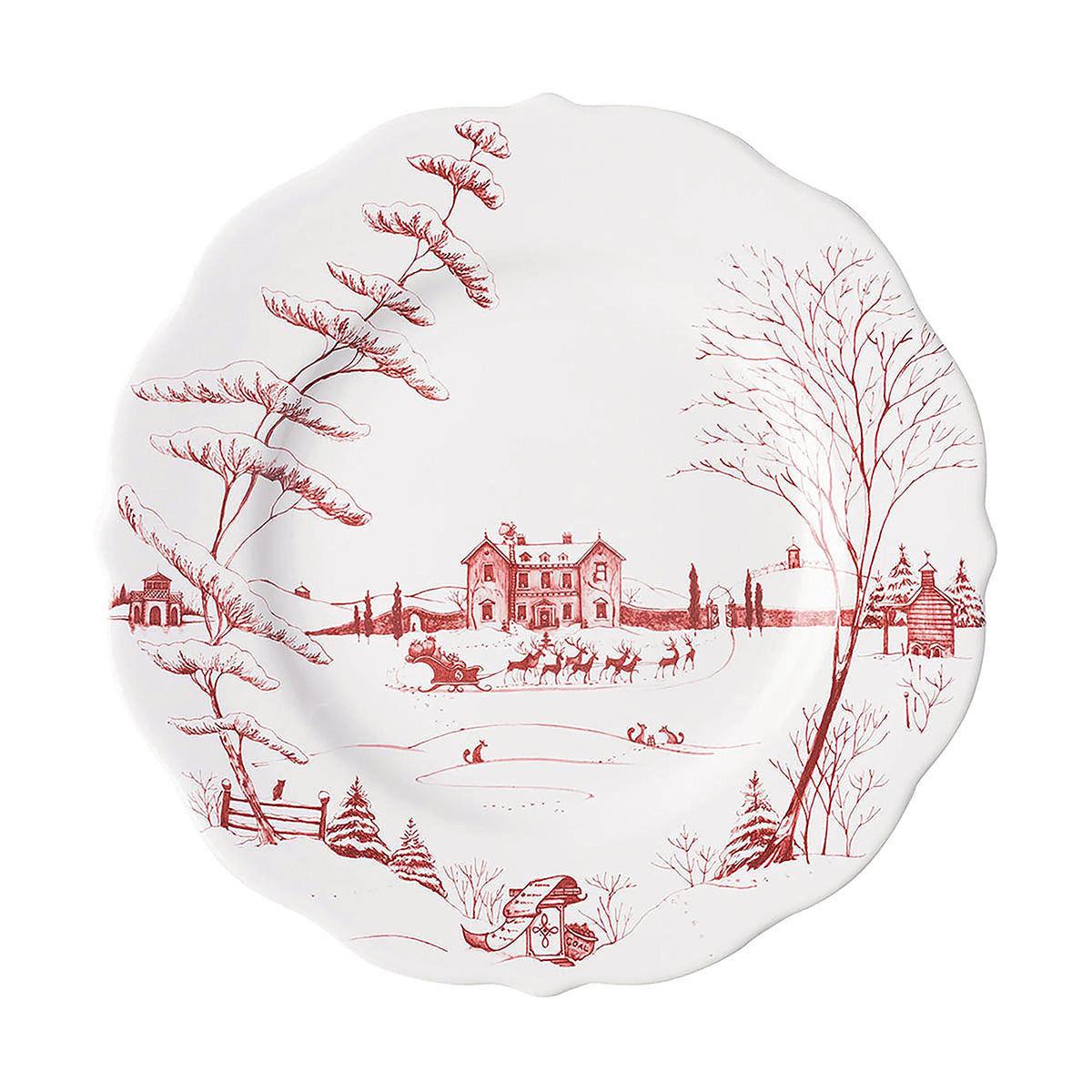 Ruby Winter Frolic dinner plate with the main house and a sleigh