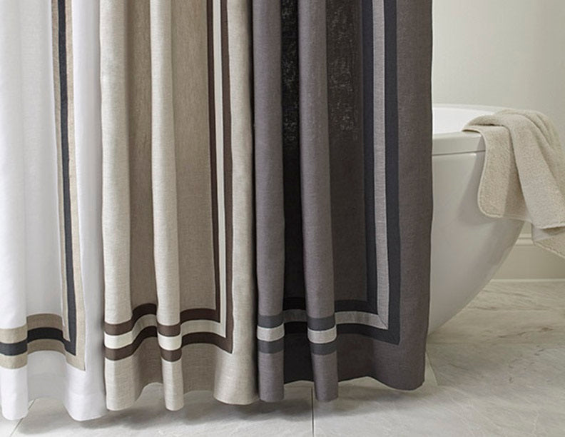 Home Treasures Torino shower curtains in ivory and grey linen with contrast border stripes.