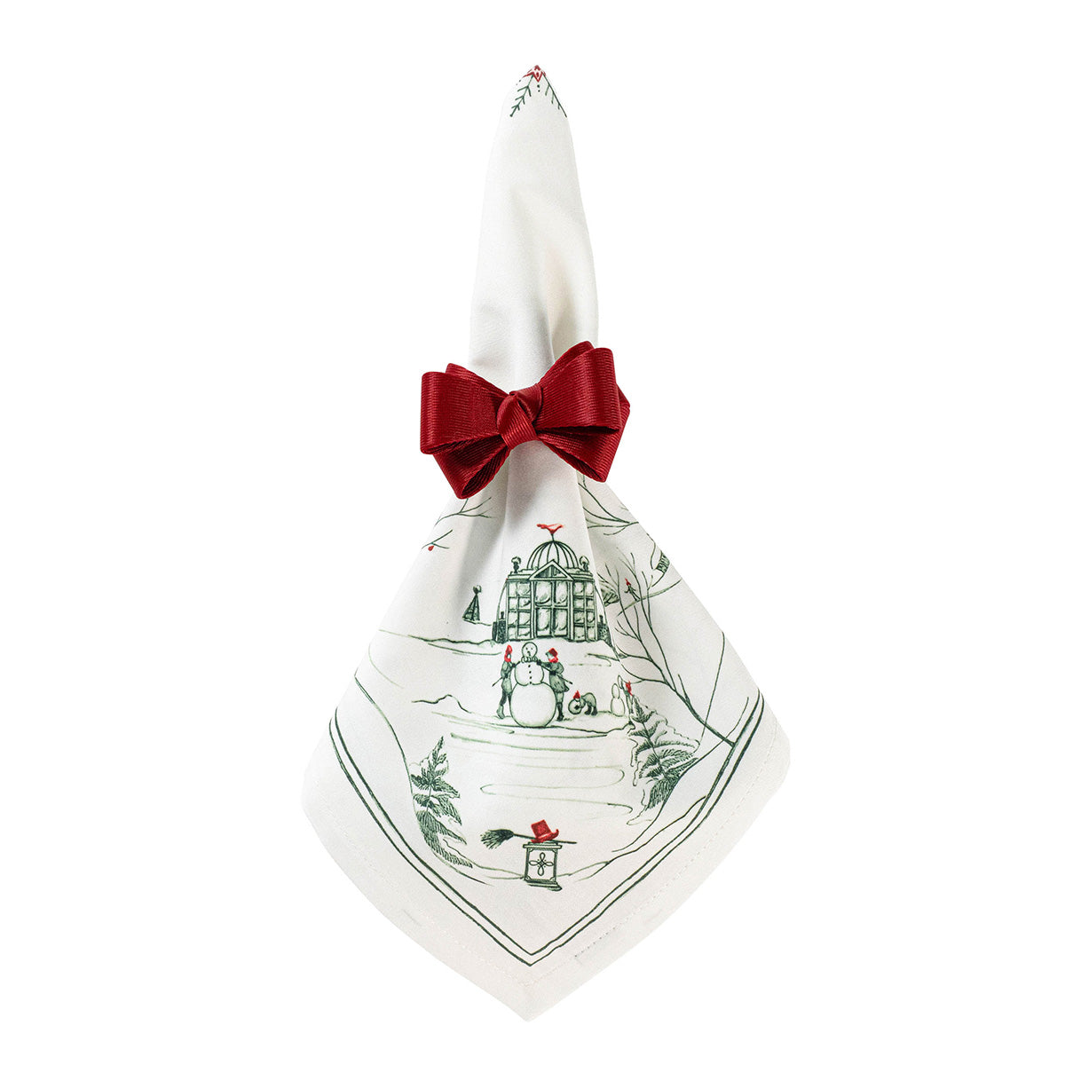 Evergreen Winter Frolic napkin tied with a red bow