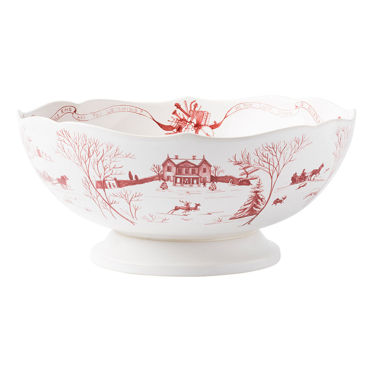 Juliska Country Estate Winter Frolic 13 inch footed centerpiece bowl in ruby with the snowy main house