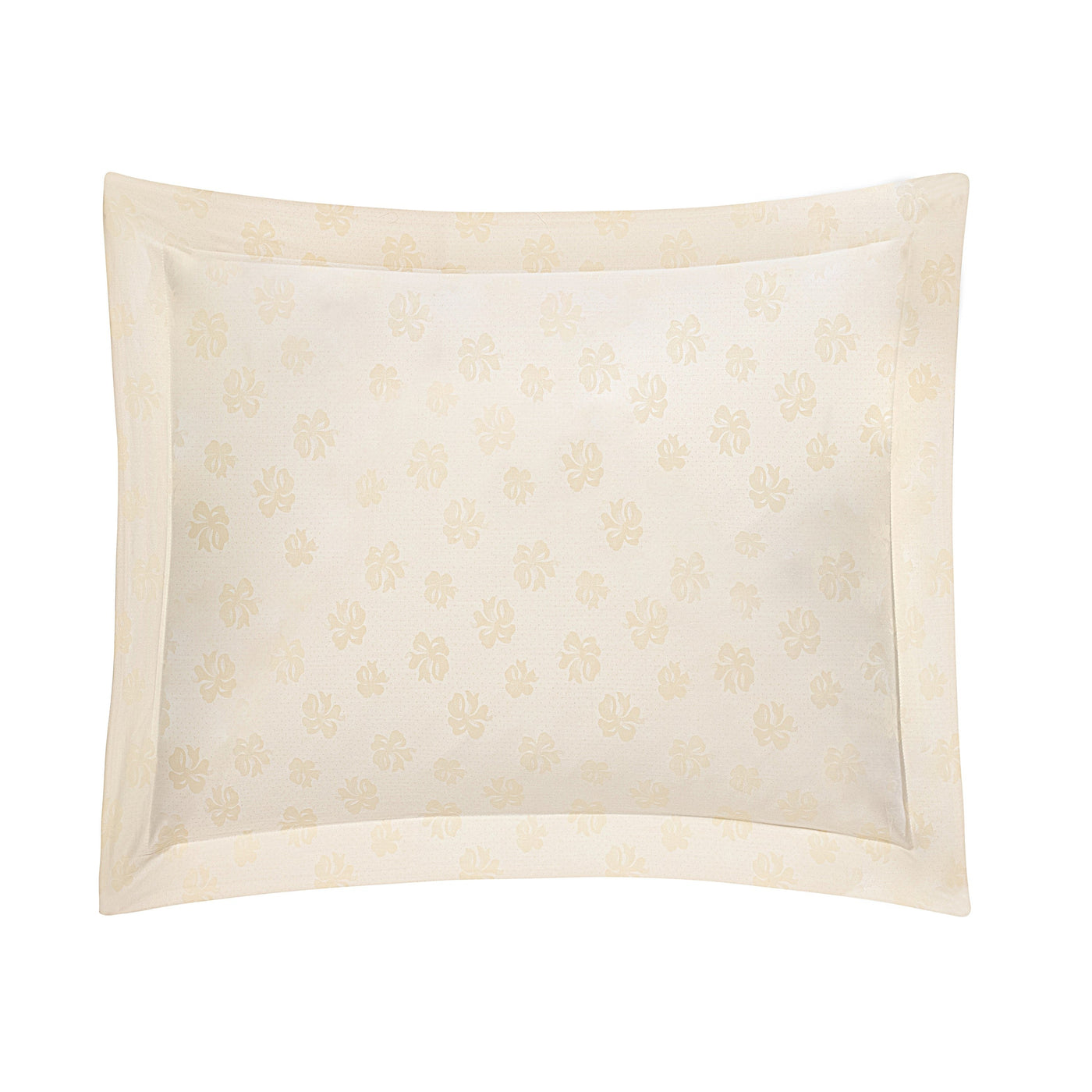 Close-up of Home Treasures Beau Rivage ivory sham with champagne floral motifs and wide border.