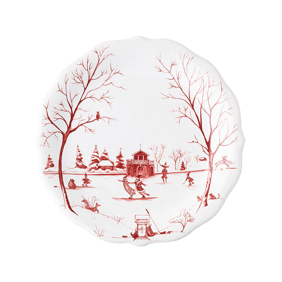 Ruby Winter Frolic party plate with a snowy estate between bare trees