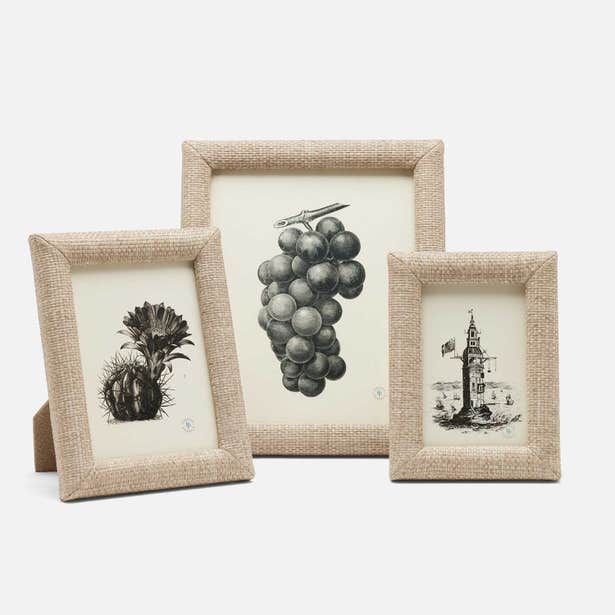 Pigeon & Poodle Belem frames in three sizes, natural linen-wrapped with botanical prints.