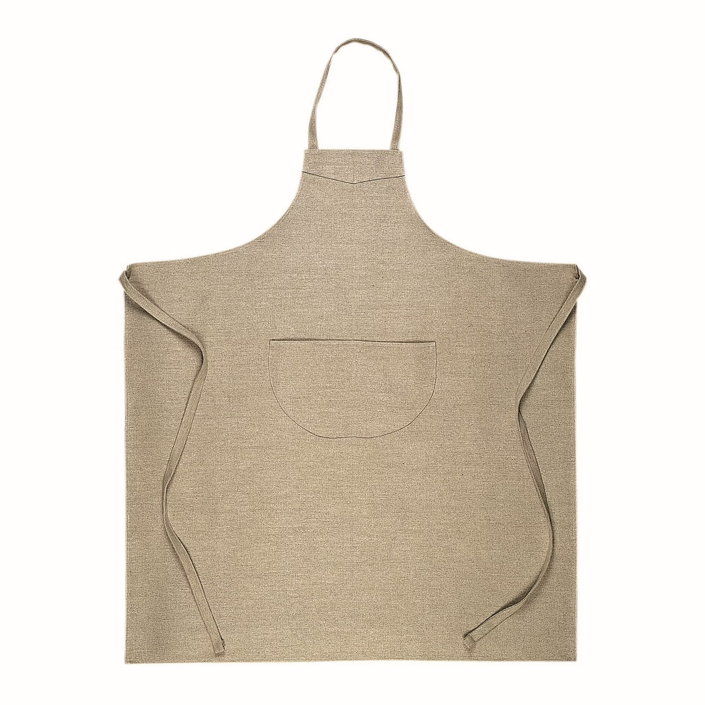Libeco The Bistro Apron in natural linen, flat lay showing front pocket detail.