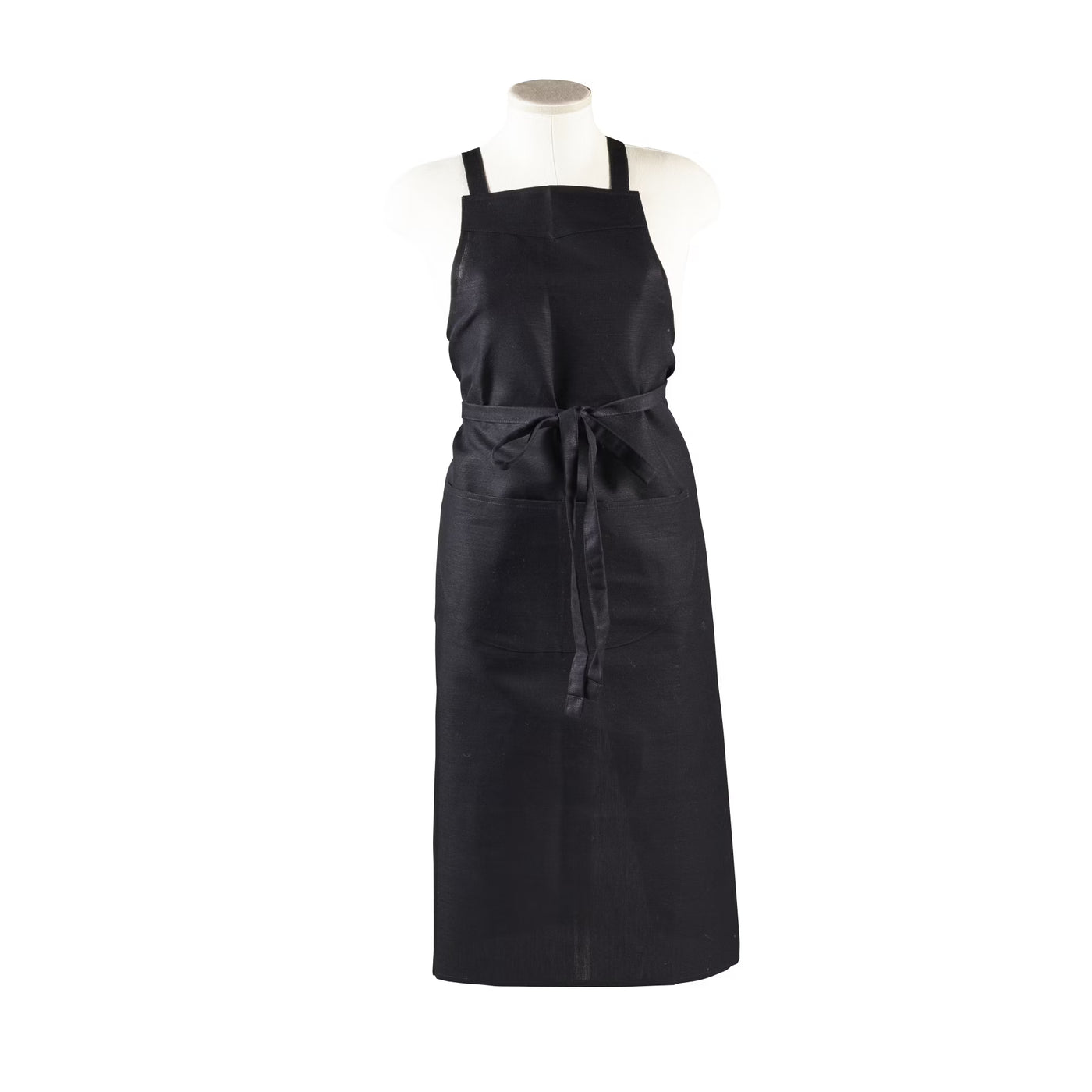 Libeco bistro apron in onyx linen, tied at waist, displayed on mannequin.