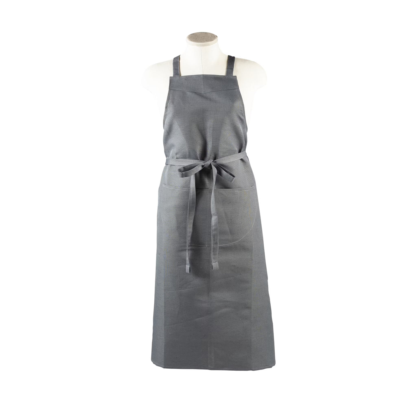 Libeco bistro apron in slate linen, tied at waist, displayed on mannequin torso.