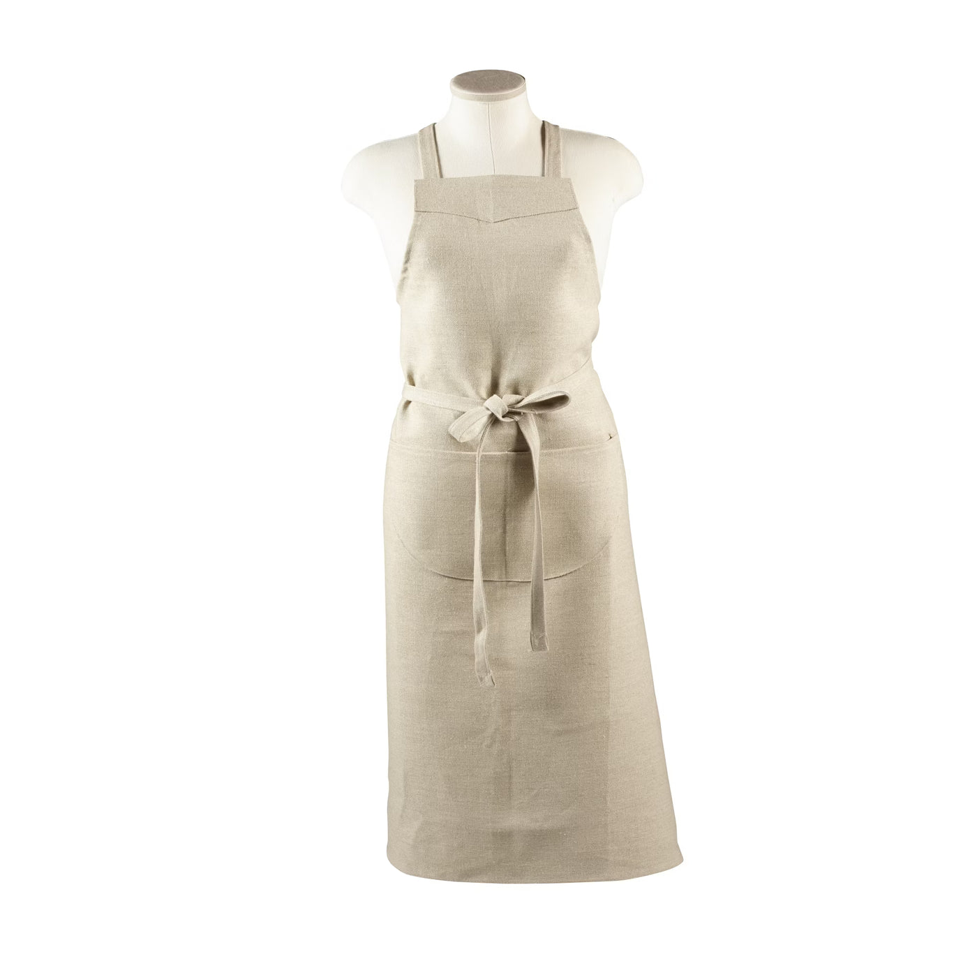 Libeco The Bistro Apron in natural linen, front view on dress form, tied waist.