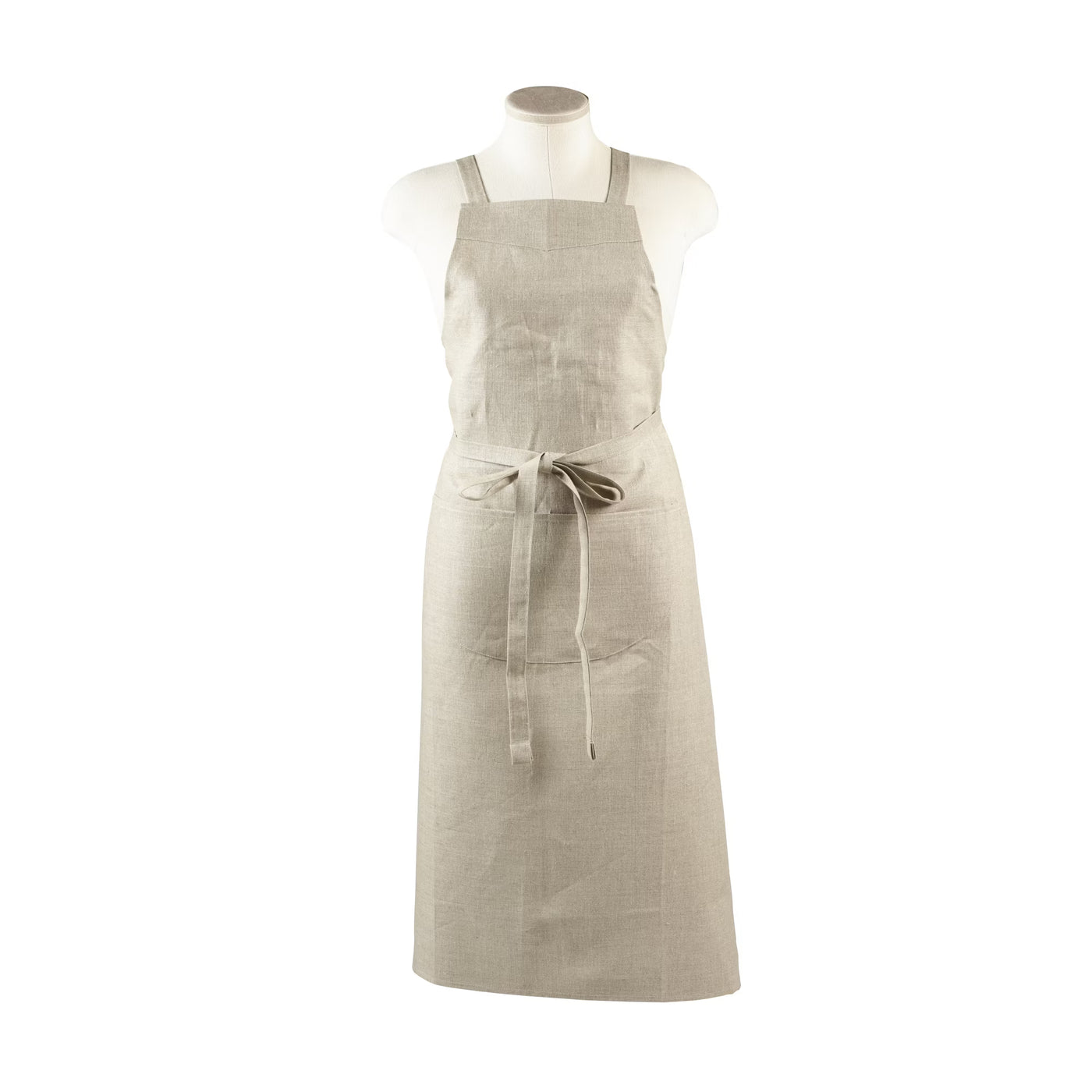 Close-up of Libeco The Bistro Apron in natural linen on a mannequin, full-length front view.