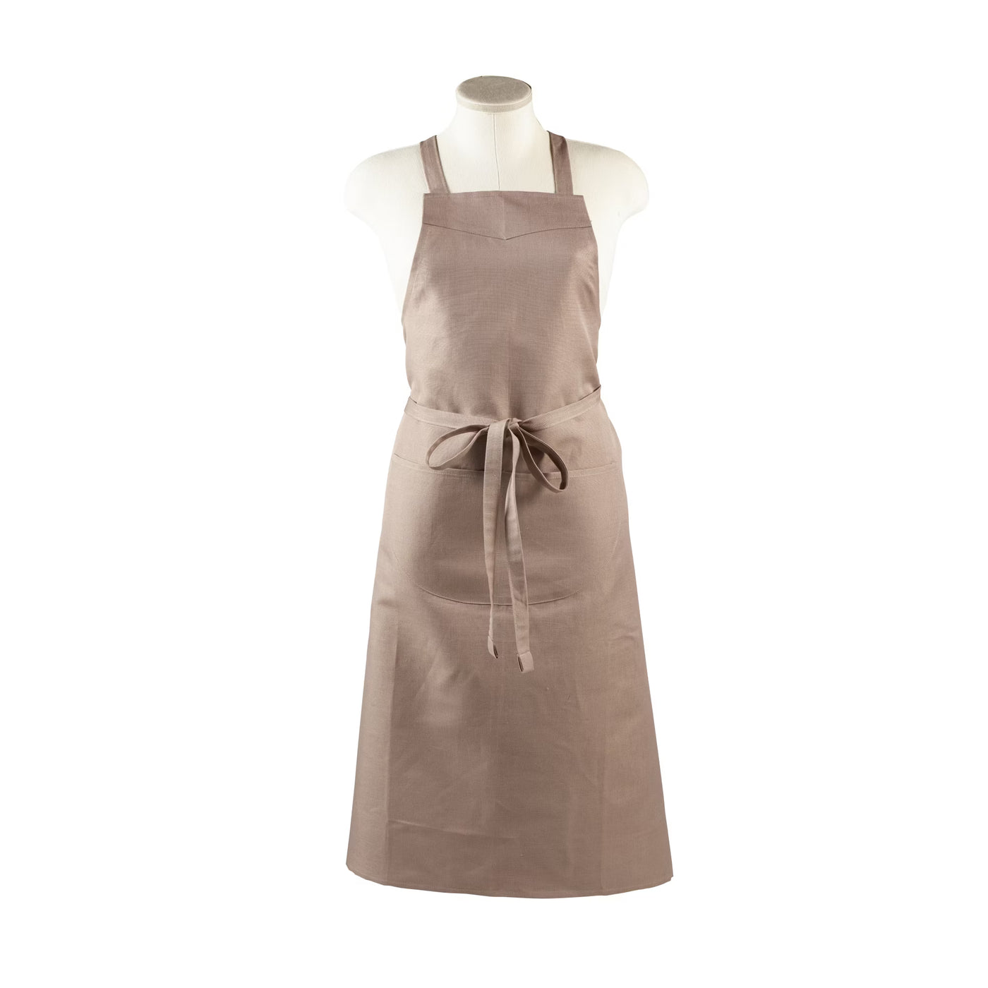 Close-up of Libeco The Bistro Apron in taupe linen displayed on a dress form, front view.