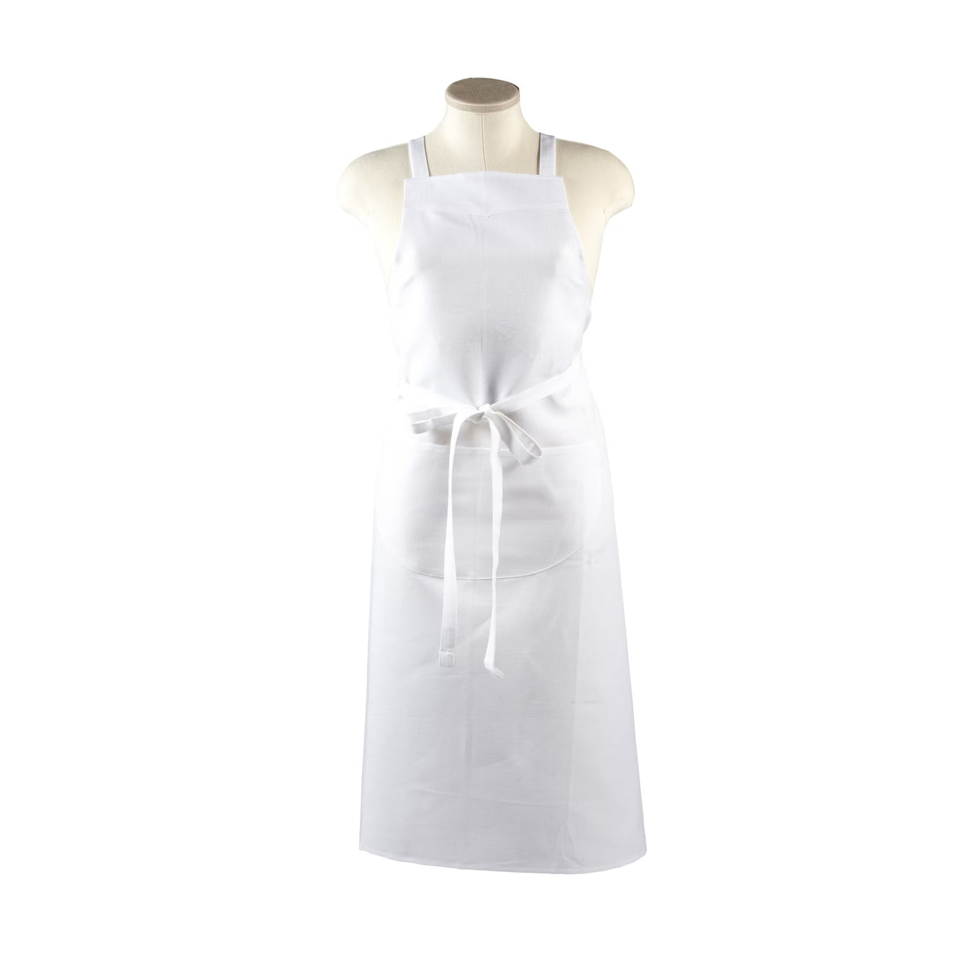 Libeco The Bistro Apron in white linen, shown full-length on a dress form with tied waist.
