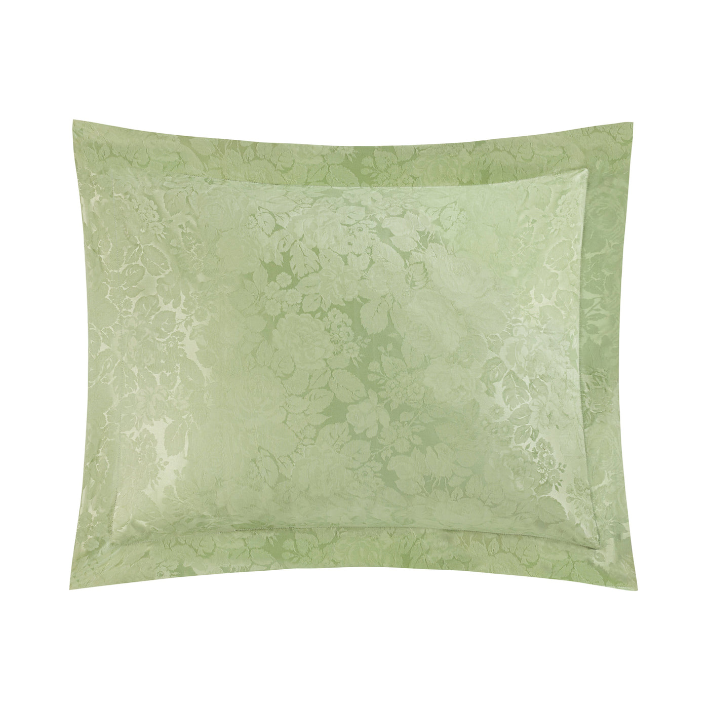 Sage green cotton jacquard pillow sham with tonal floral bloom pattern and flanged border.