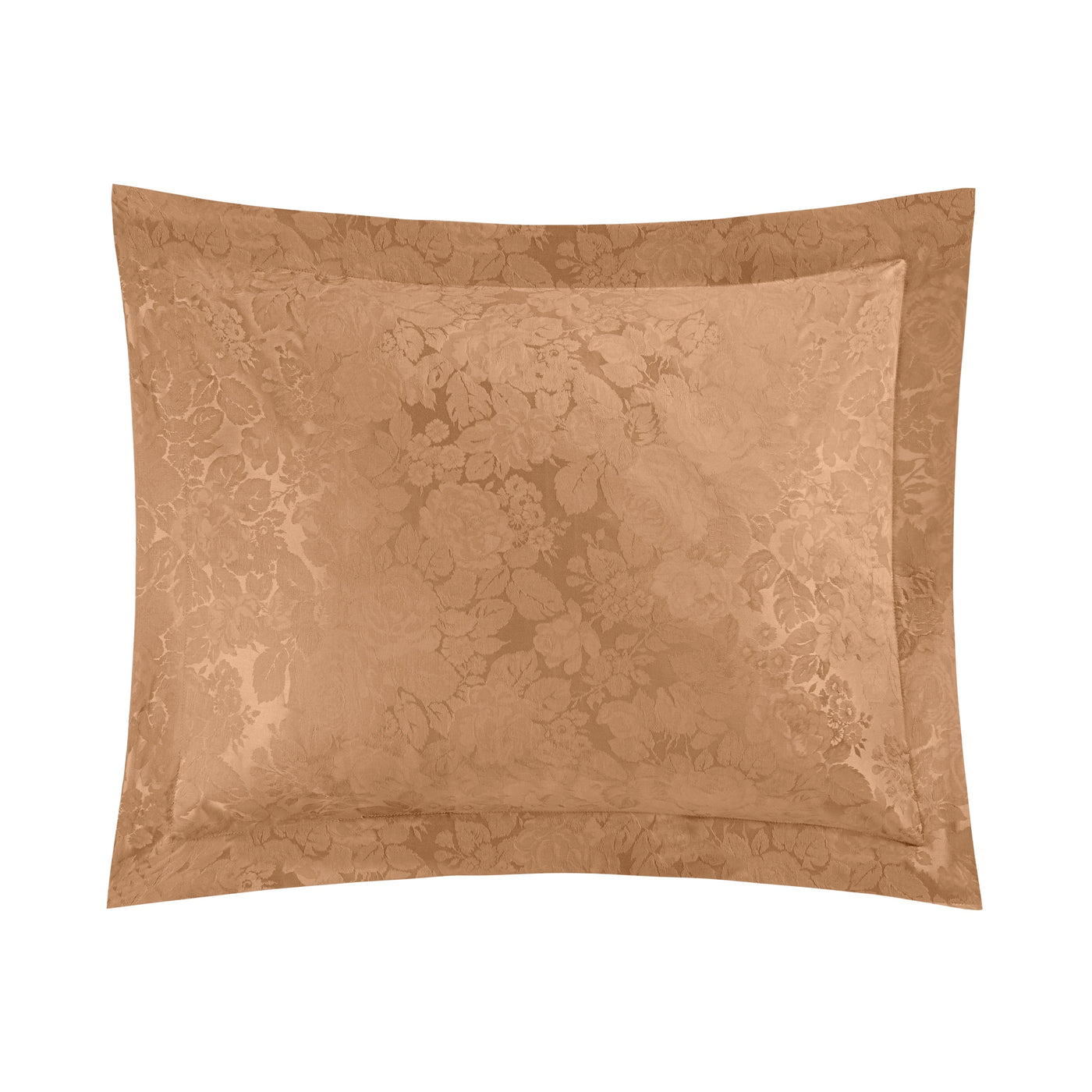 Caramel jacquard pillow sham with tonal floral blooms pattern and flanged border.