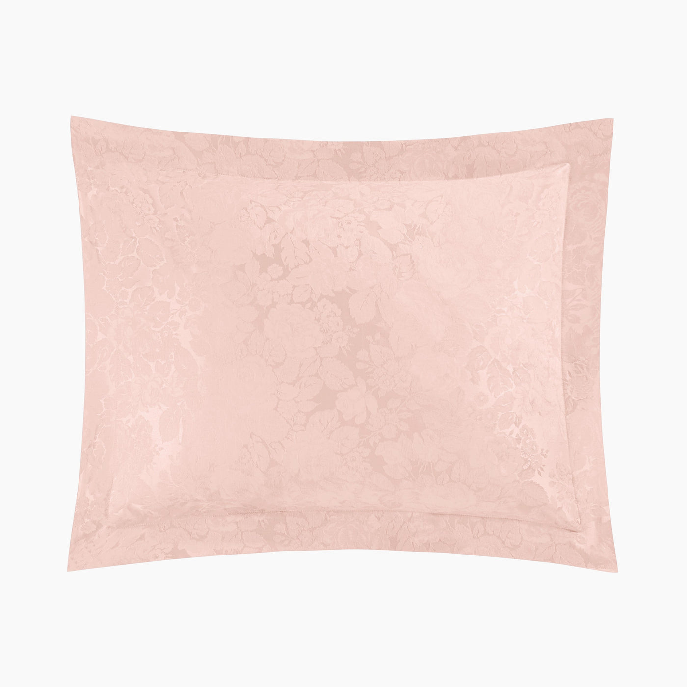 Home Treasures Blooms sham in blush, floral jacquard weave with flanged border.