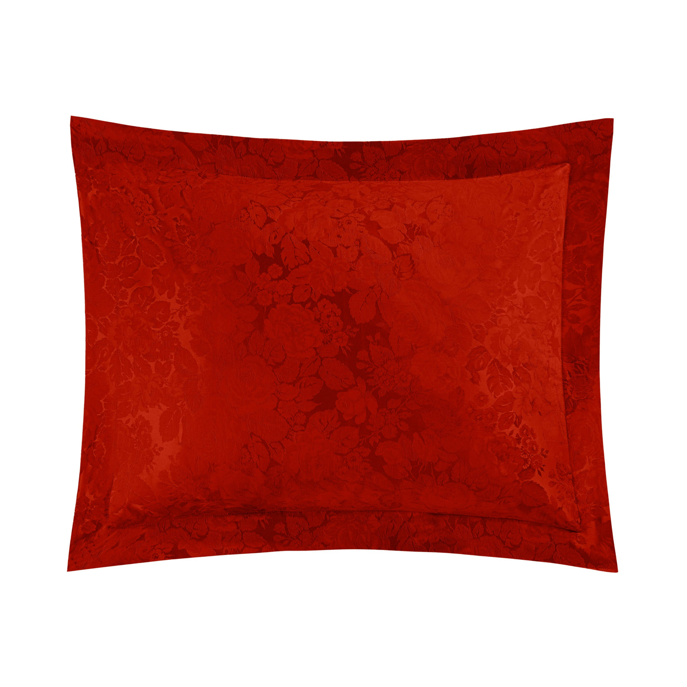 Close-up of Home Treasures Blooms sham in crimson jacquard floral pattern.