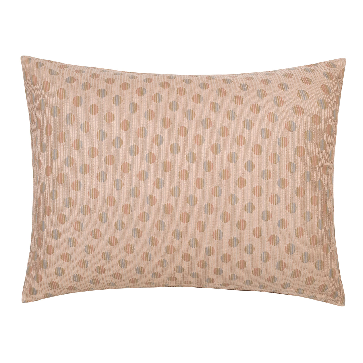 Close-up of Home Treasures Bon Bon blush pillow sham with tonal polka dot pattern.