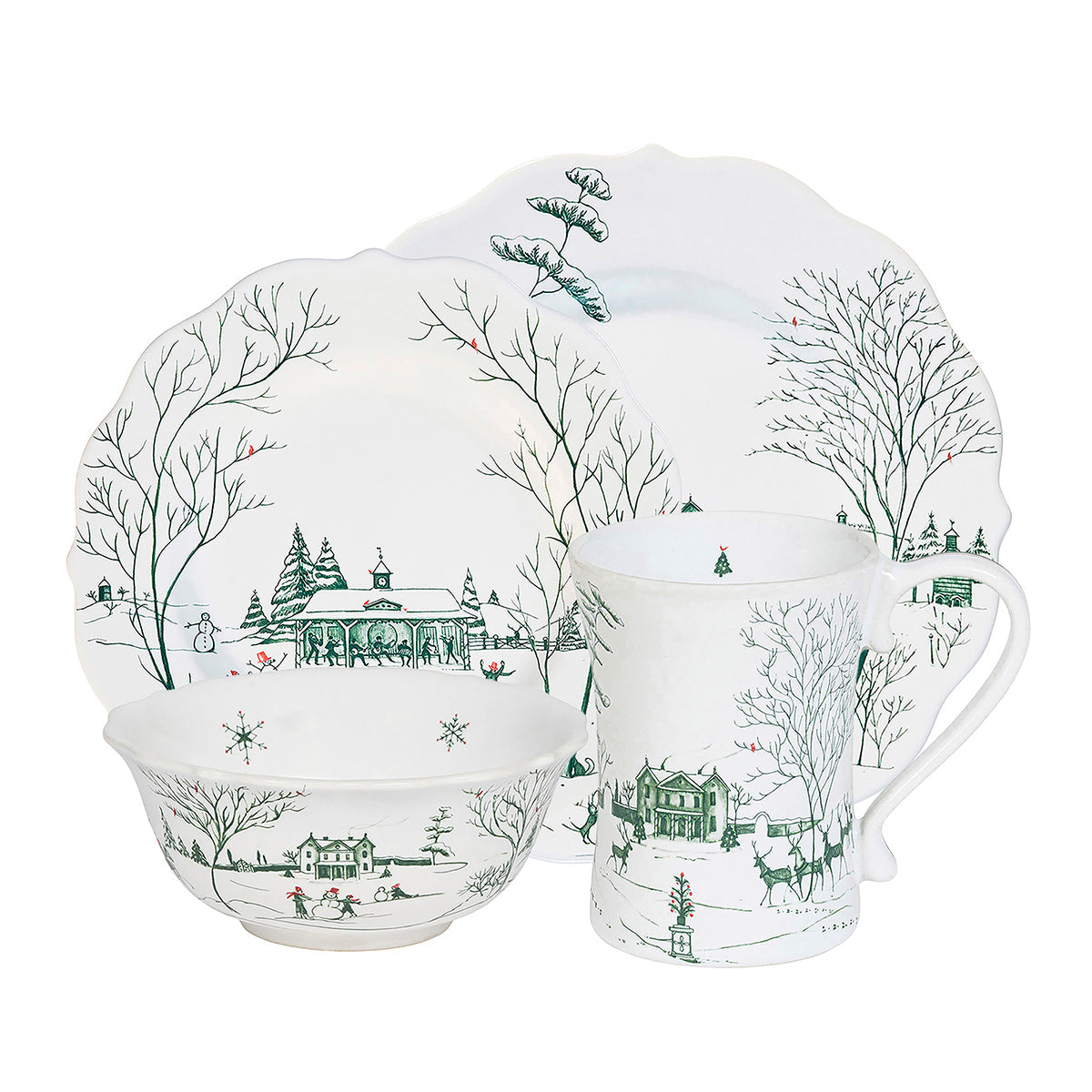 Juliska Country Estate Winter Frolic four piece place setting in evergreen: dinner plate, salad plate, cereal bowl and mug