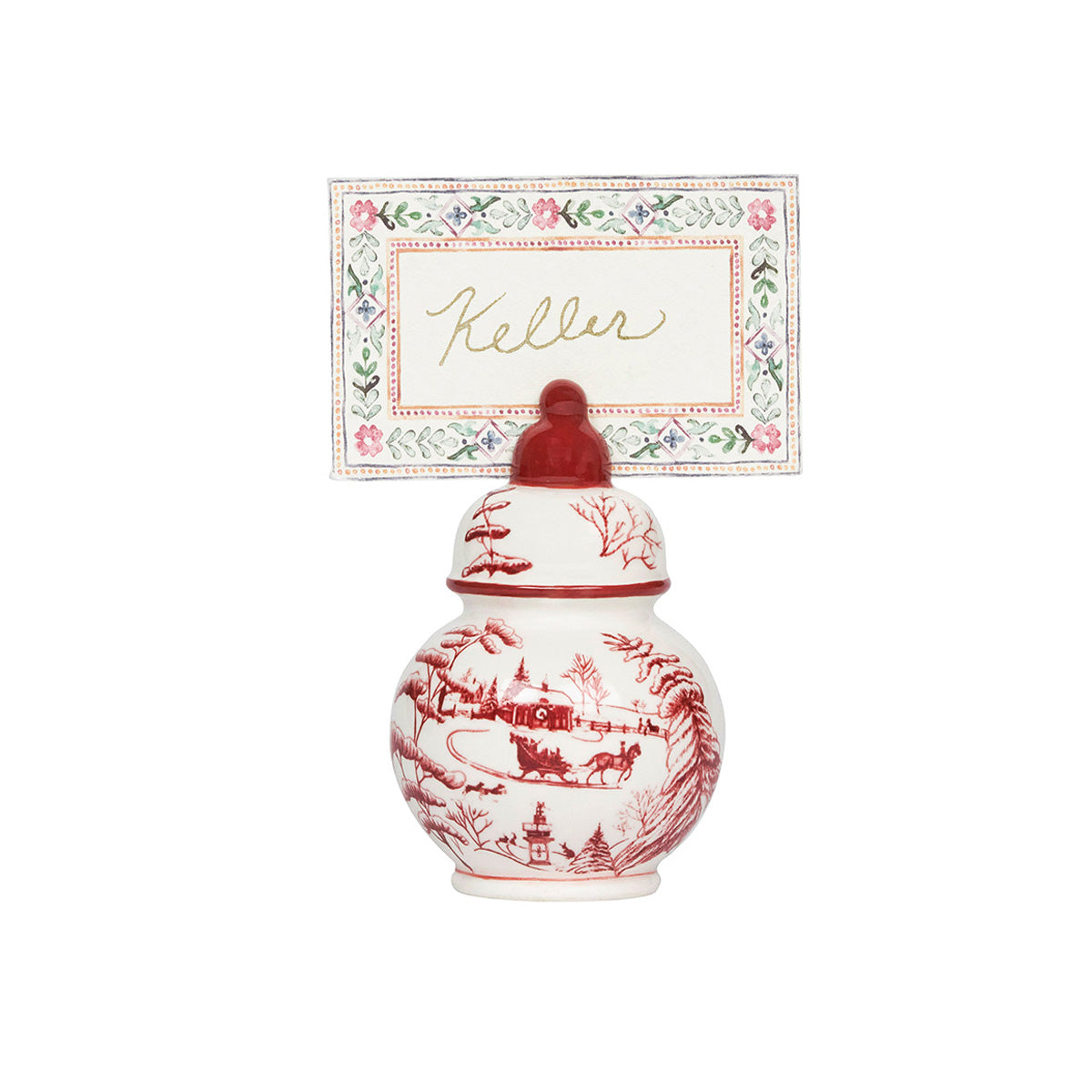 Ruby ginger jar place card holder with a handwritten place card
