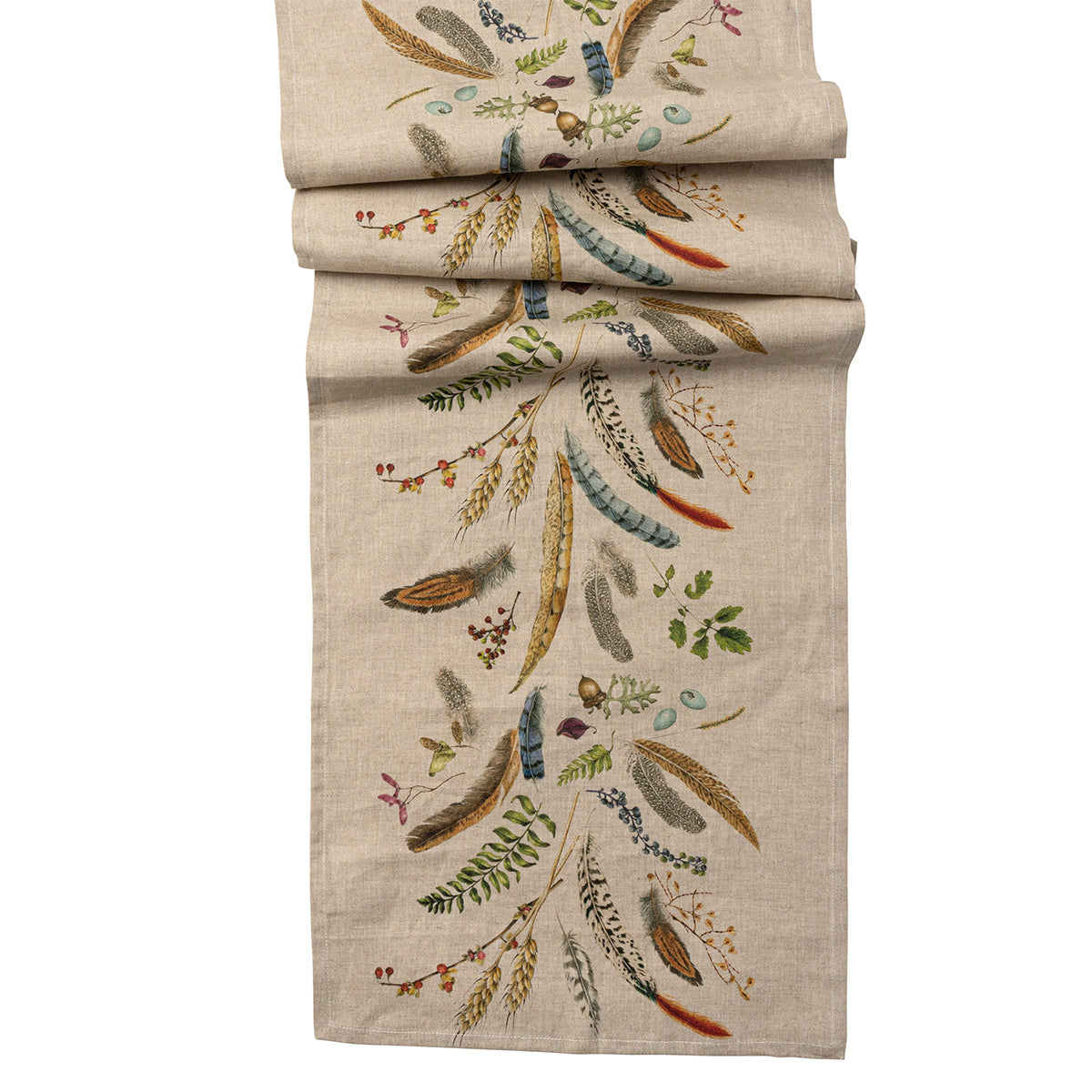 Juliska Forest Walk 18 by 90 inch linen table runner printed with feathers and ferns, shown folded