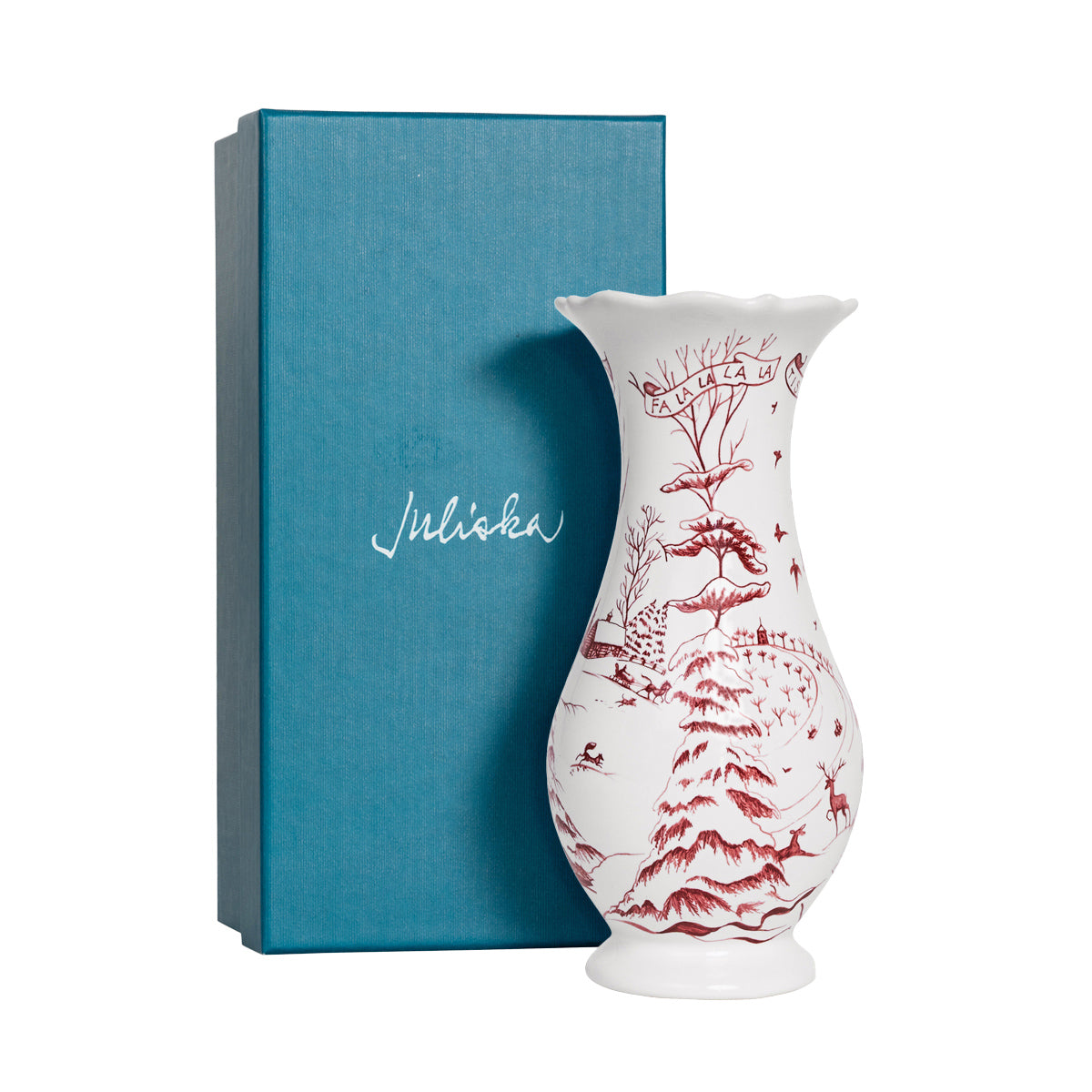 Ruby Winter Frolic vase beside its blue Juliska gift box