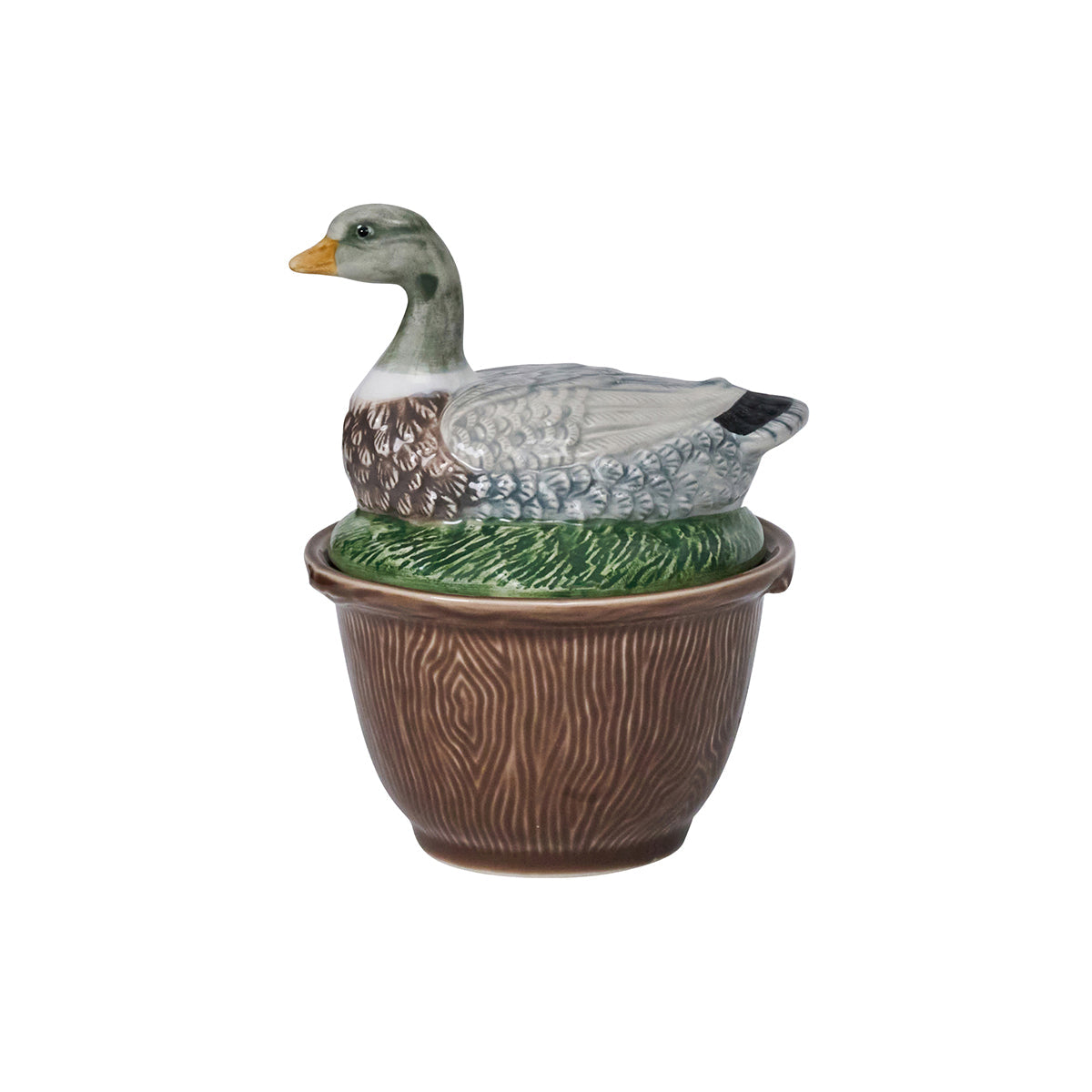 Juliska Forest Walk lidded bowl with a mallard duck on a green grass lid over a brown bark-textured bowl