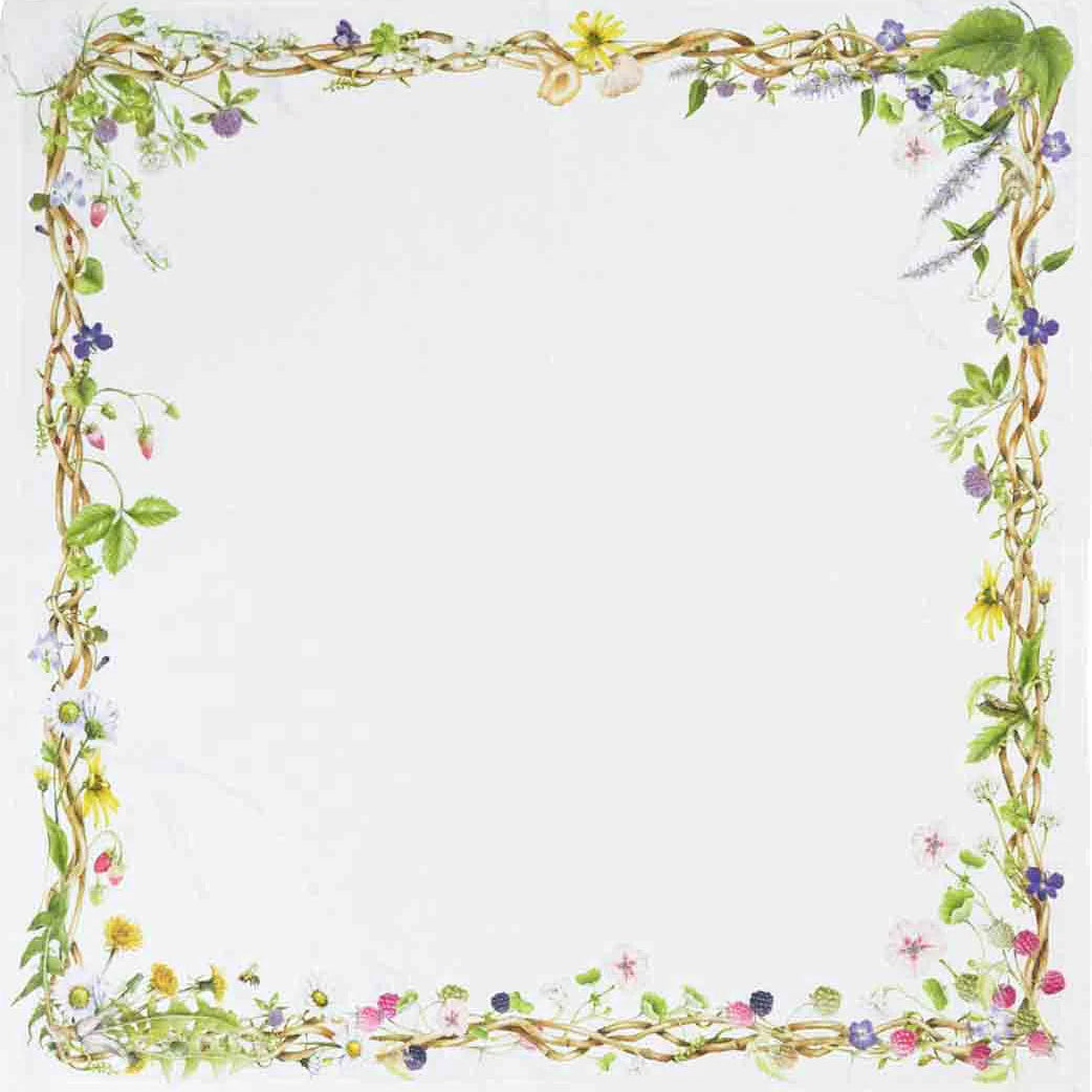 Watercolor floral and vine border detail on white linen napkin.