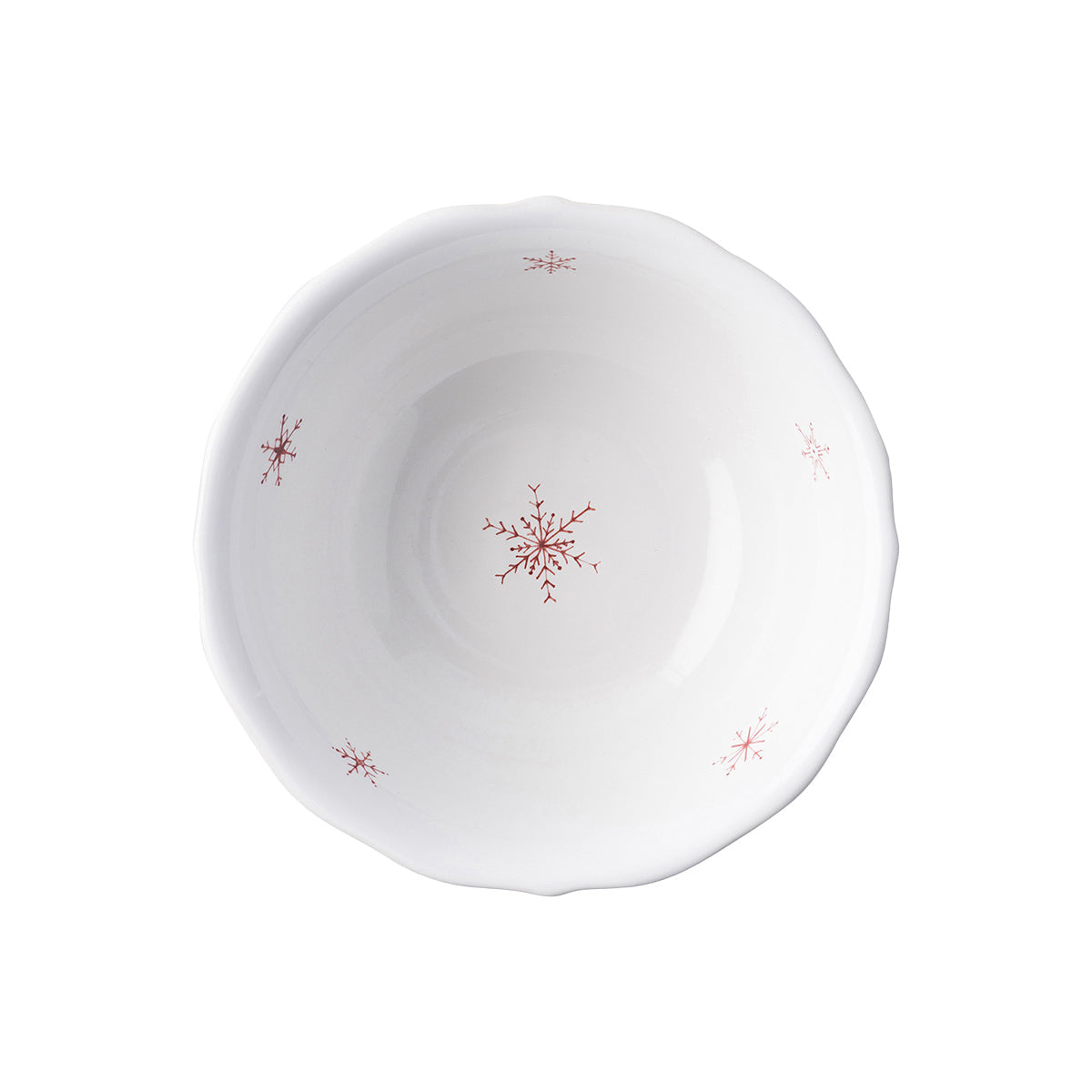 Inside of a ruby Winter Frolic cereal bowl with a painted snowflake