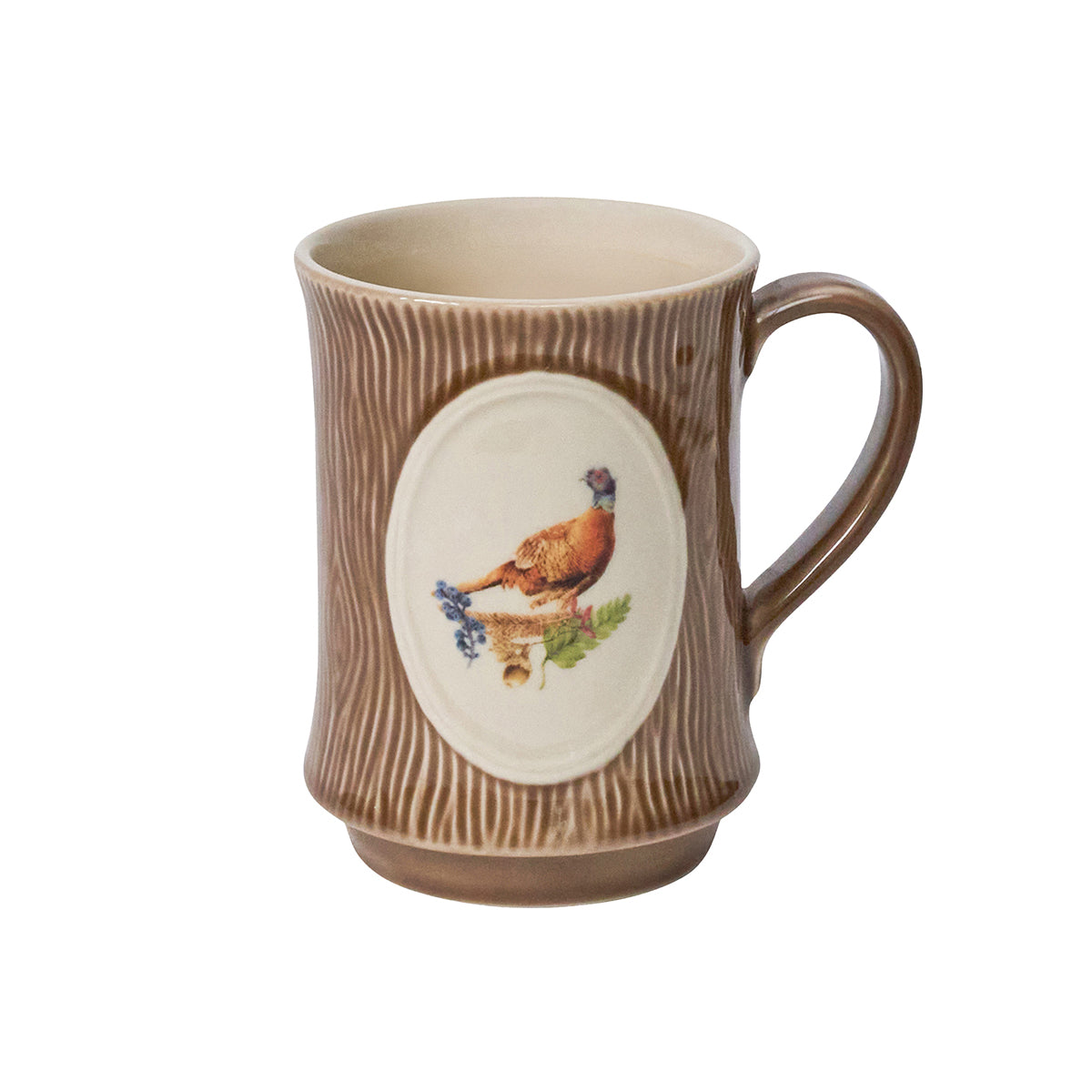Juliska Forest Walk brown bark-textured mug with a pheasant in a cream oval medallion
