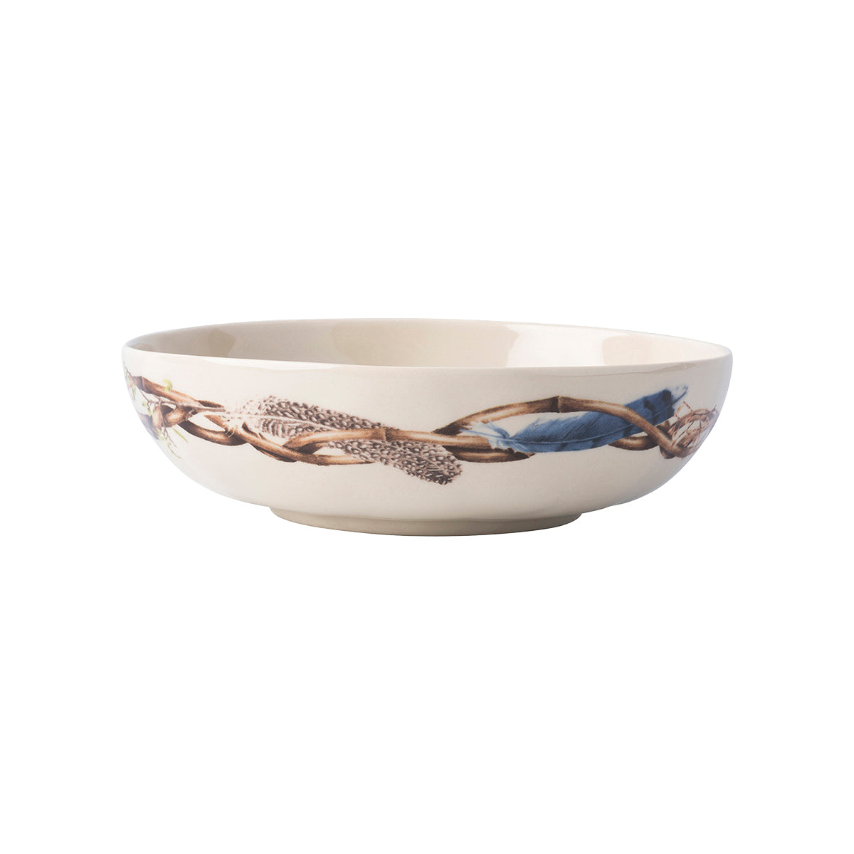 Juliska Forest Walk cream coupe bowl from the side, with a painted twig and feather band