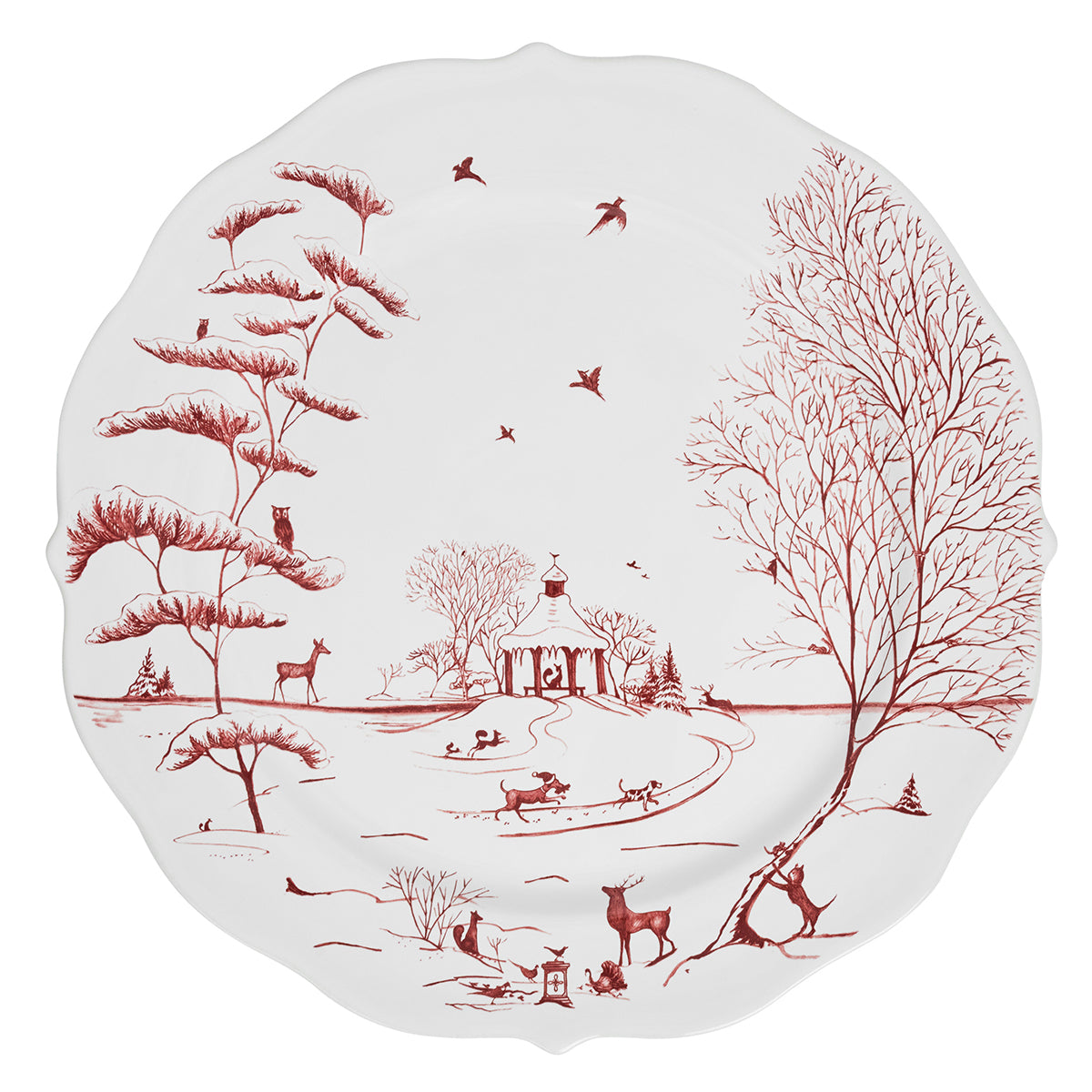 Juliska Country Estate Winter Frolic charger in ruby with a snowy estate, deer and bare trees