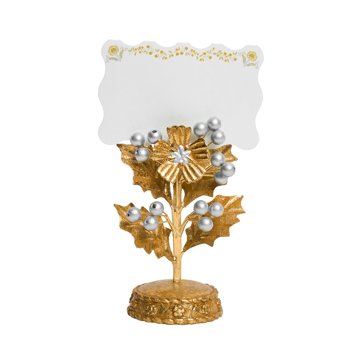 Juliska Forest Walk gold holly place card holder, front view, holding a scalloped card