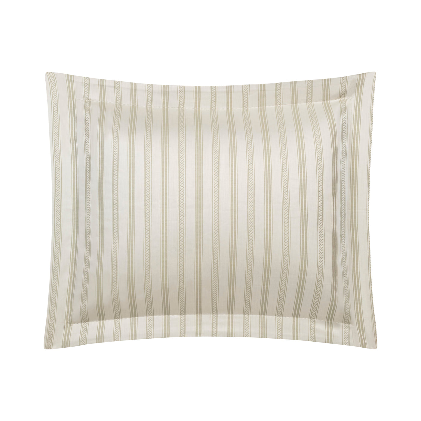 Close-up of Home Treasures Cambridge ivory and sage woven stripe pillow sham with flange border.
