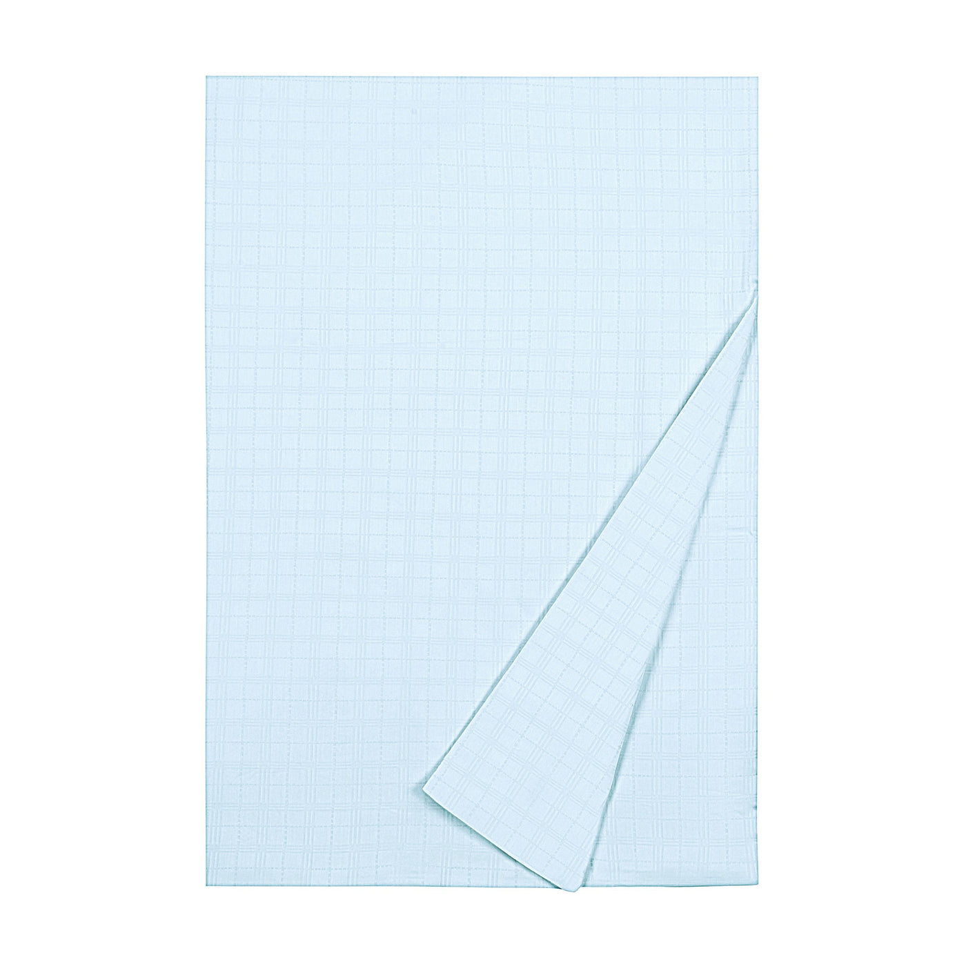 Corner fold detail revealing subtle grid weave texture on sky blue linen duvet cover.