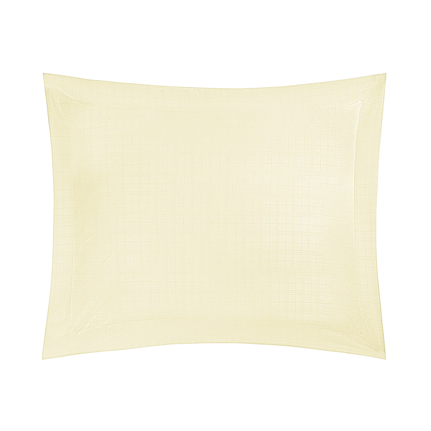 Close-up of ivory woven cotton pillow sham with subtle texture and tailored flange border.