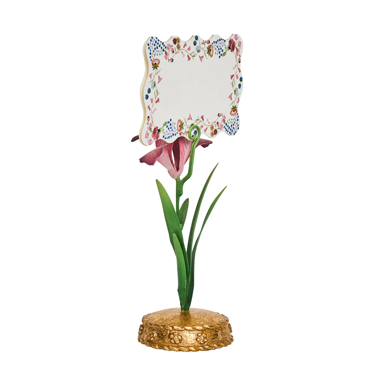 Juliska place card holder with pink lily stem, green leaves, and gold base.