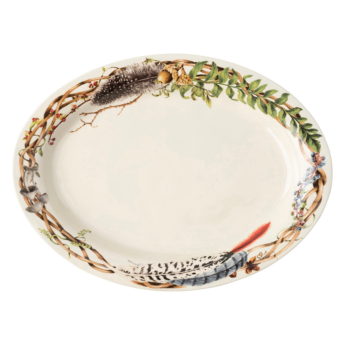Juliska Forest Walk 17 inch oval platter with a twig, feather and leaf border