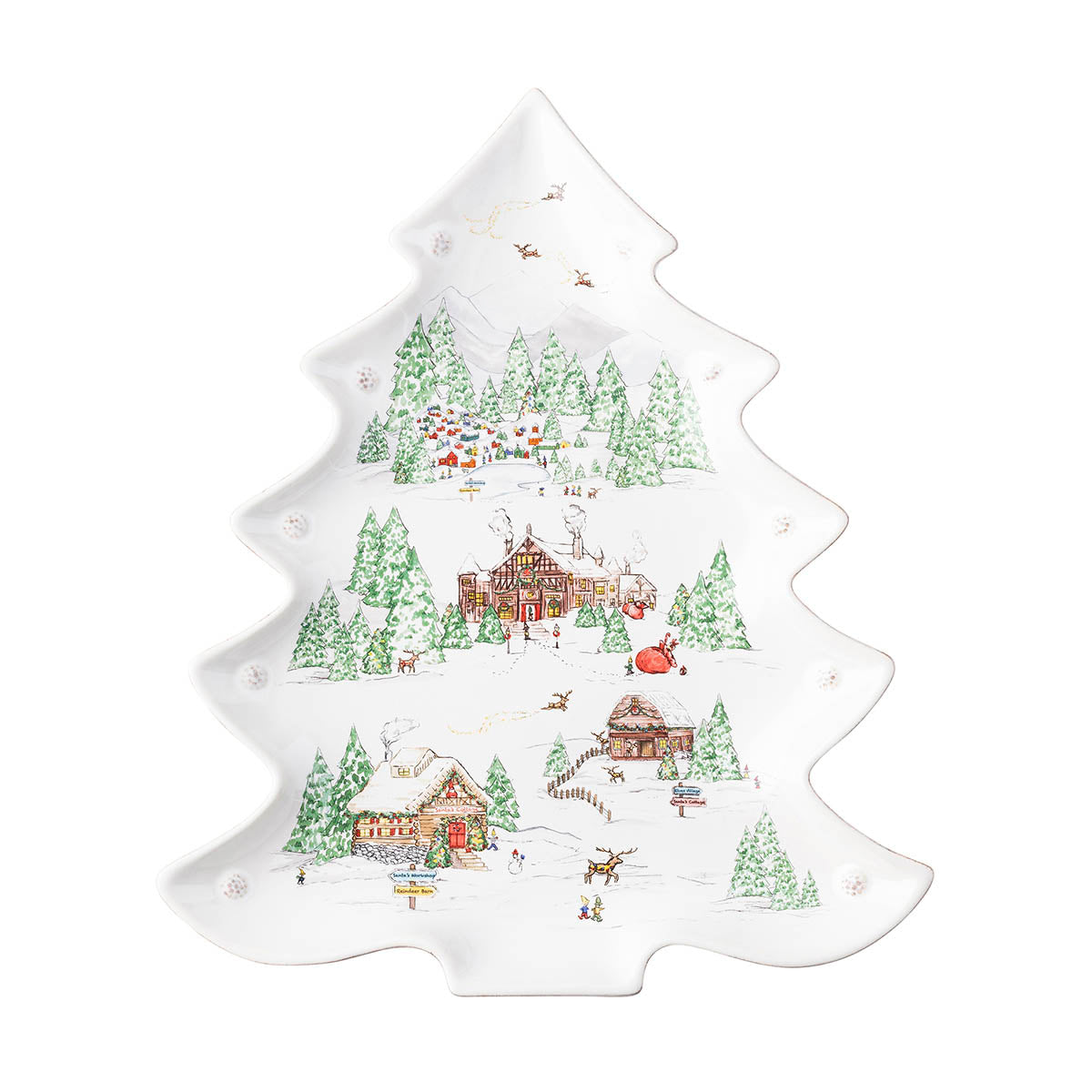 Juliska Berry & Thread North Pole 15 inch tree-shaped platter painted with the elves' village