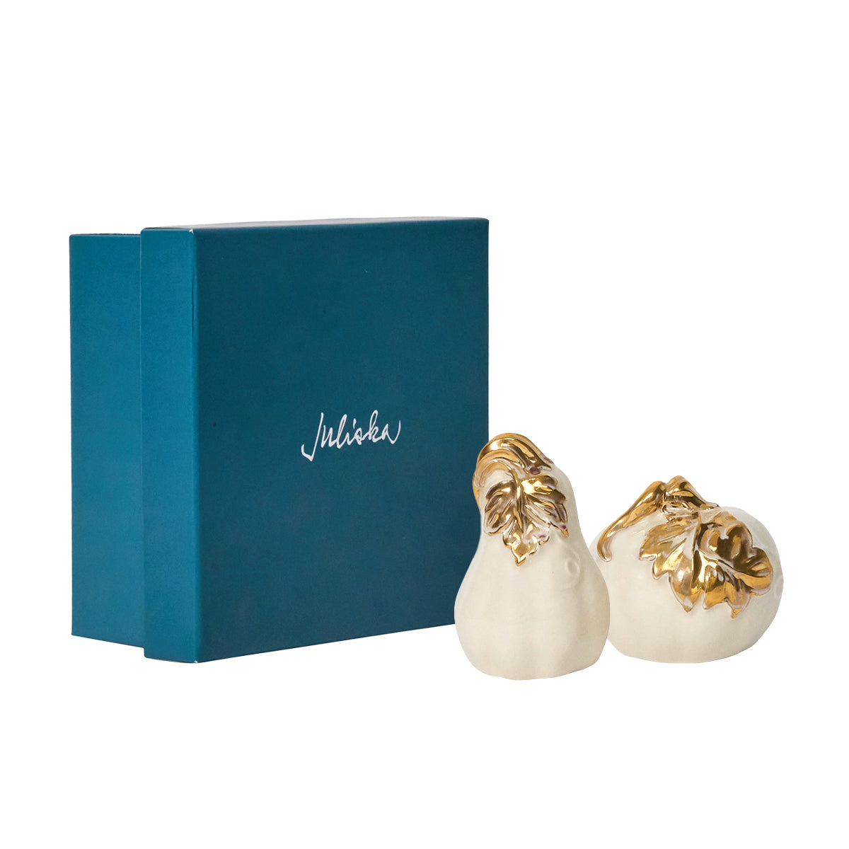 Juliska Forest Walk pumpkin and gourd salt and pepper shakers beside a teal Juliska gift box