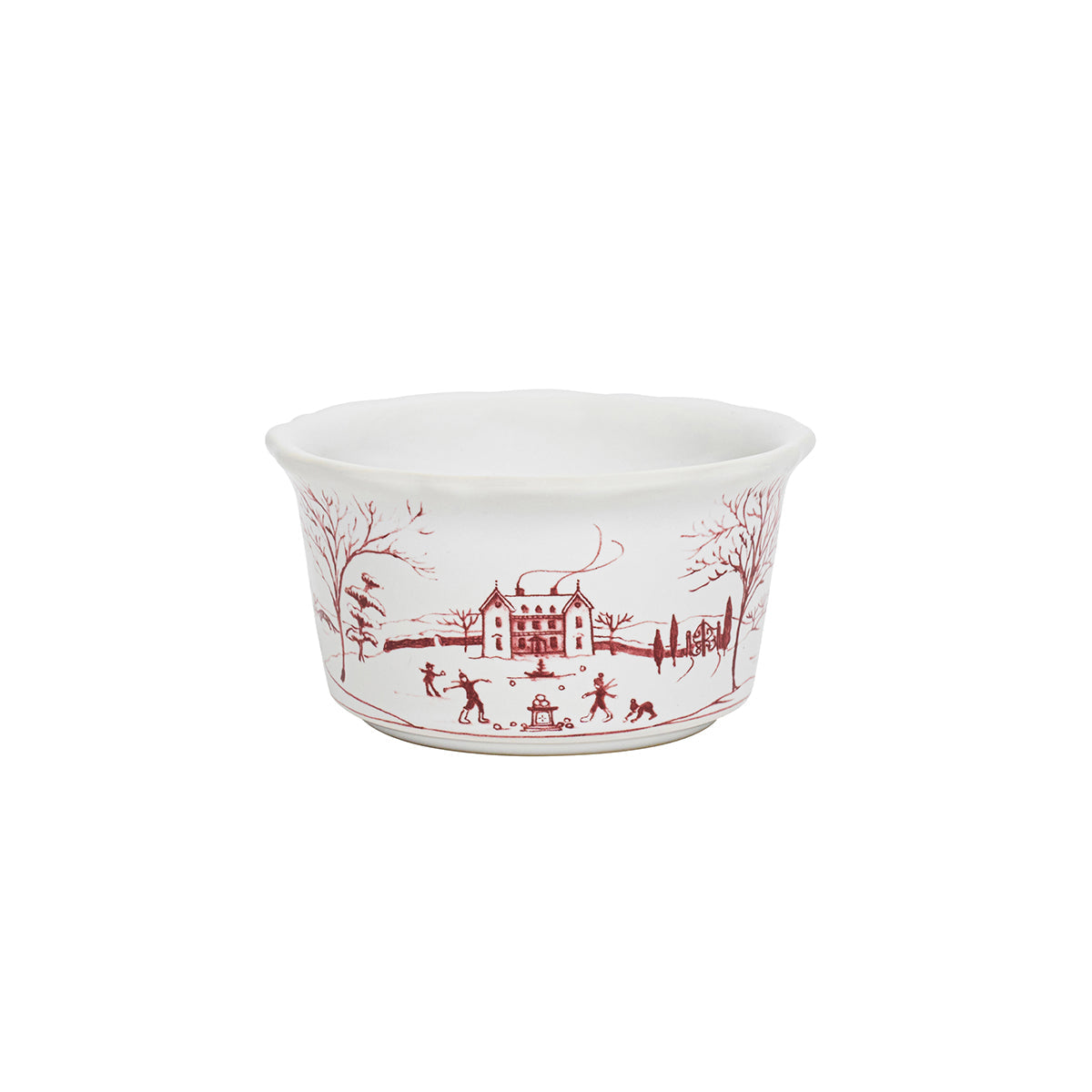 Juliska Country Estate Winter Frolic ramekin in ruby with the snowy main house