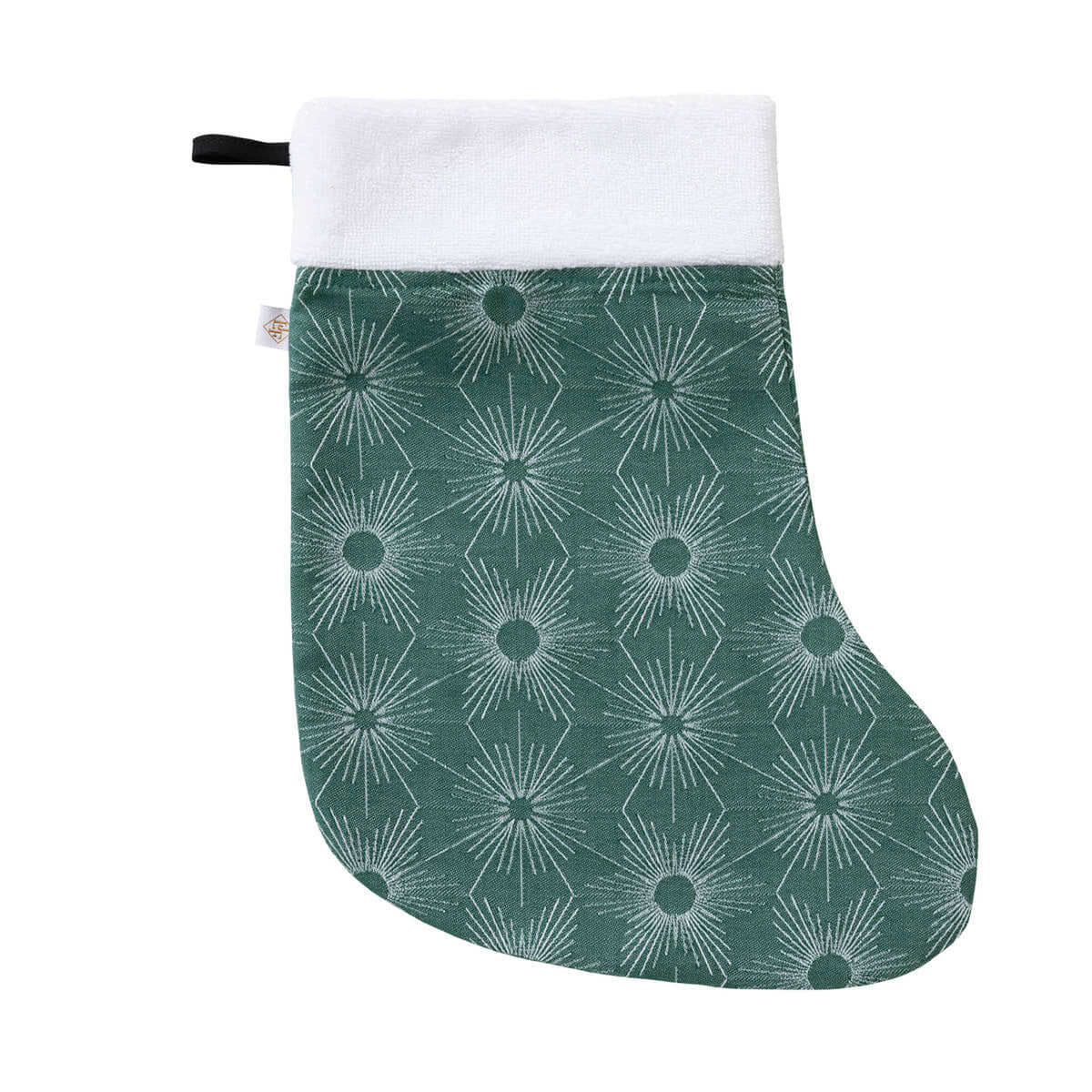 Le Jacquard Français Sous les Étoiles Christmas stocking in Green with star burst jacquard pattern.