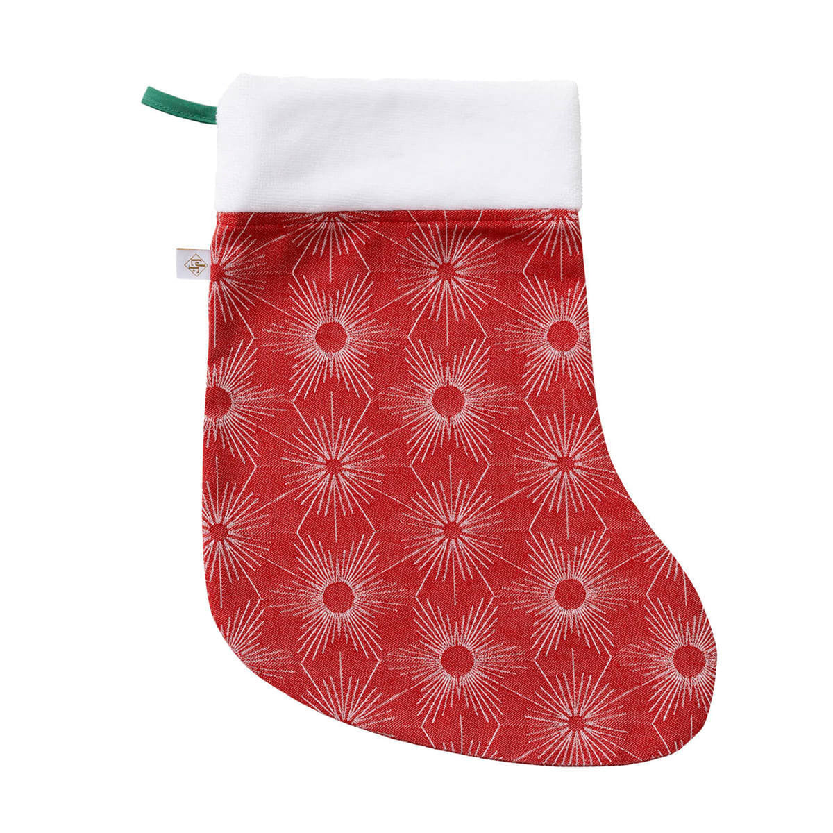 Le Jacquard Français Sous les Étoiles stocking in Red, white starburst jacquard pattern, white cuff.