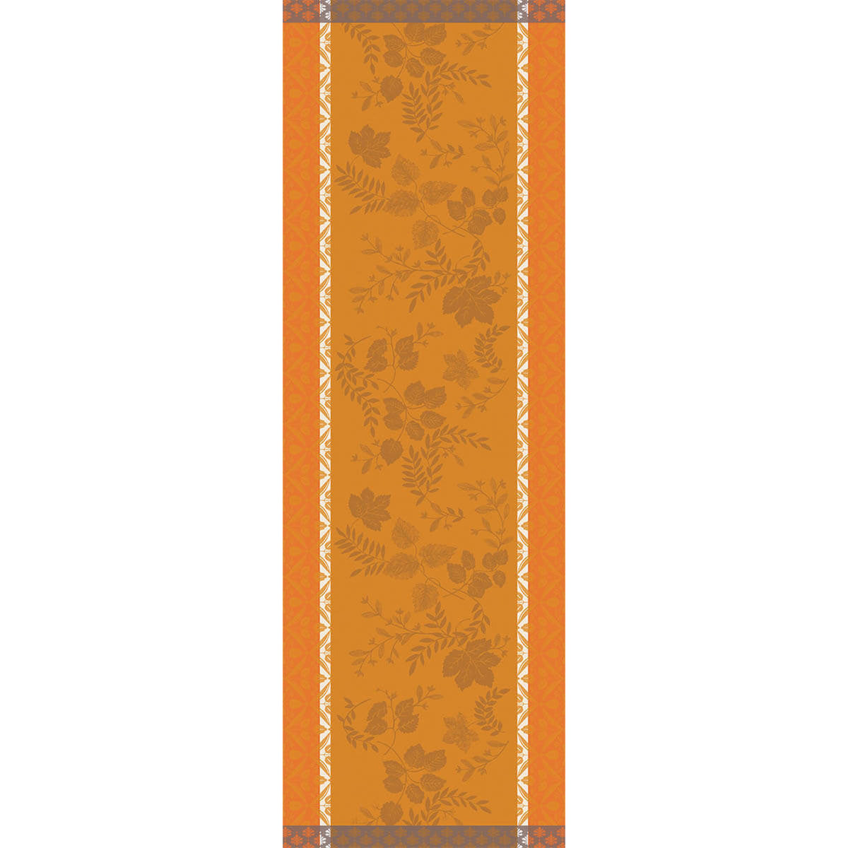 Le Jacquard Français Manor Lane table runner in Orange with woven floral and leaf jacquard pattern.