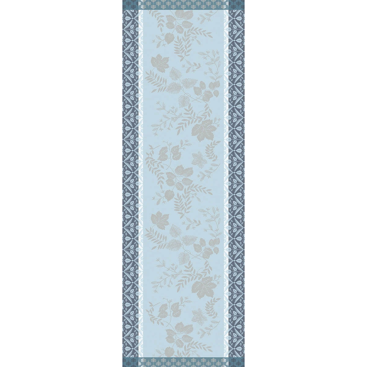 Le Jacquard Français Manor Lane table runner in Blue, woven floral and foliage center with geometric border.