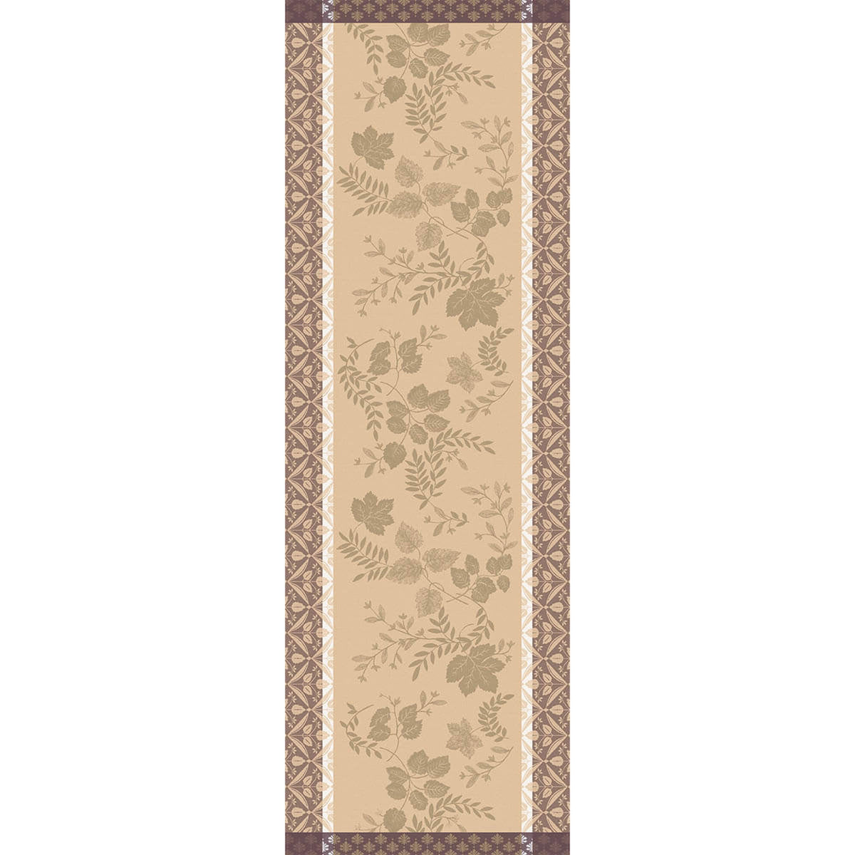 Le Jacquard Français Manor Lane table runner in Beige with woven leaf motifs and geometric border.