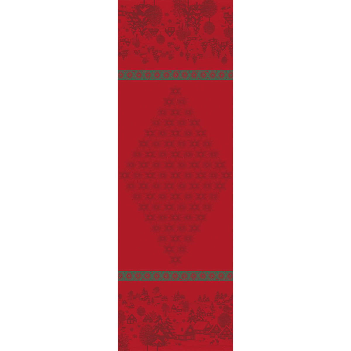 Le Jacquard Français Sous les Étoiles table runner in Red, showing full length with jacquard Christmas tree motif.