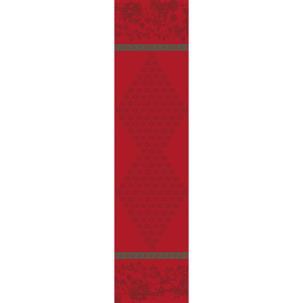 Red Le Jacquard Français Sous les Étoiles table runner, full length view showing jacquard border detail.