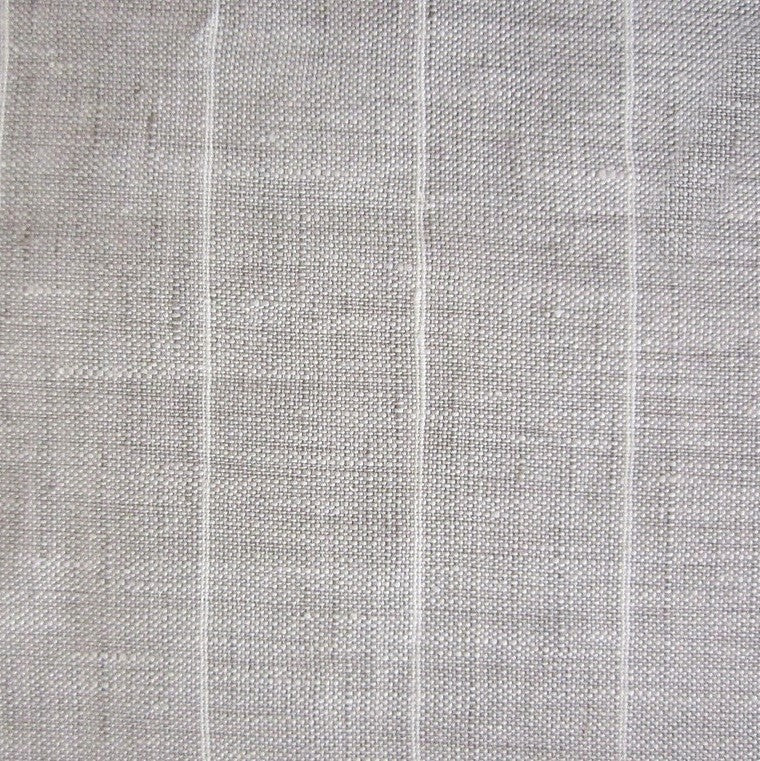 Close-up of stone linen weave with white vertical pinstripes.