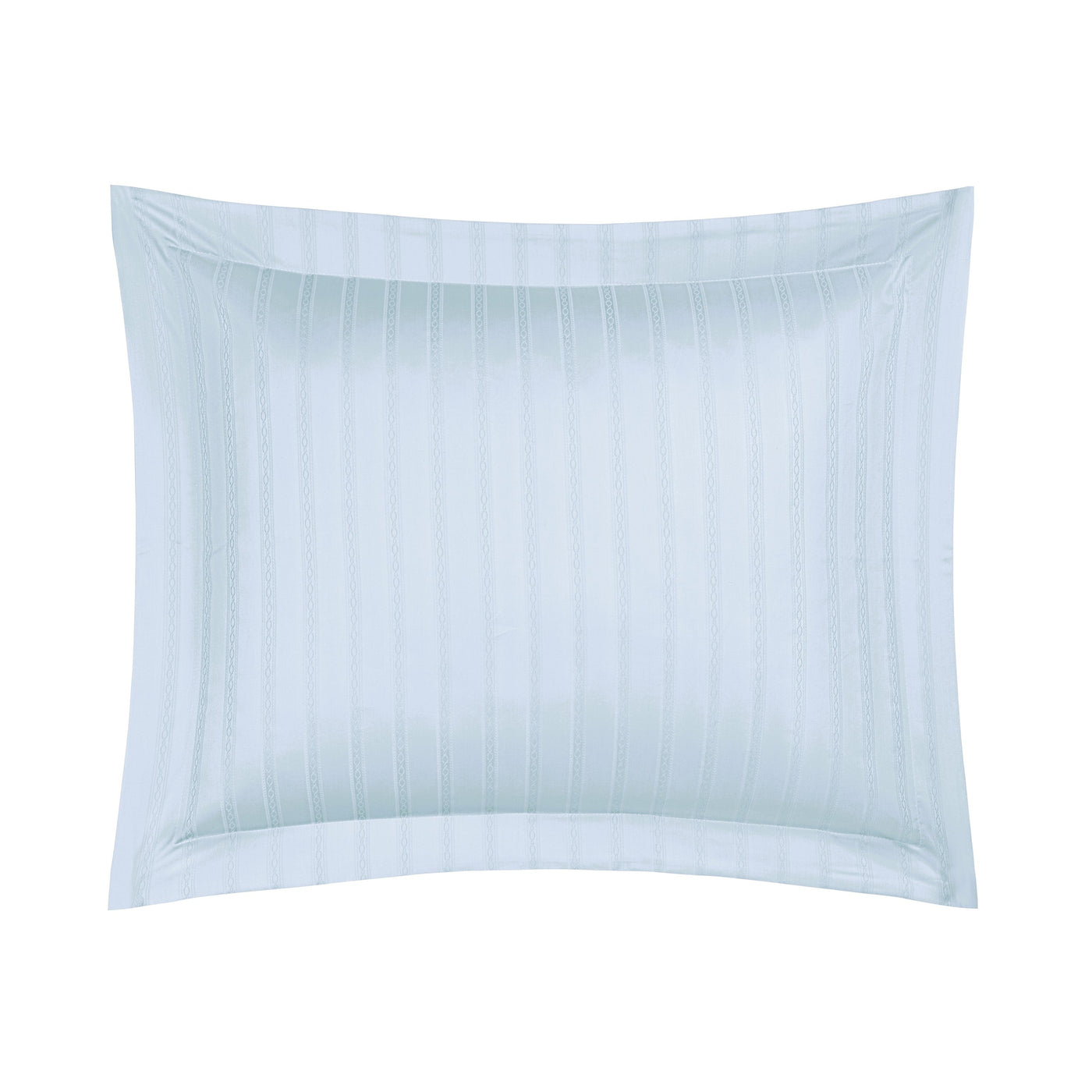Mist blue cotton satin pillow sham with tonal woven stripe pattern and flanged border.