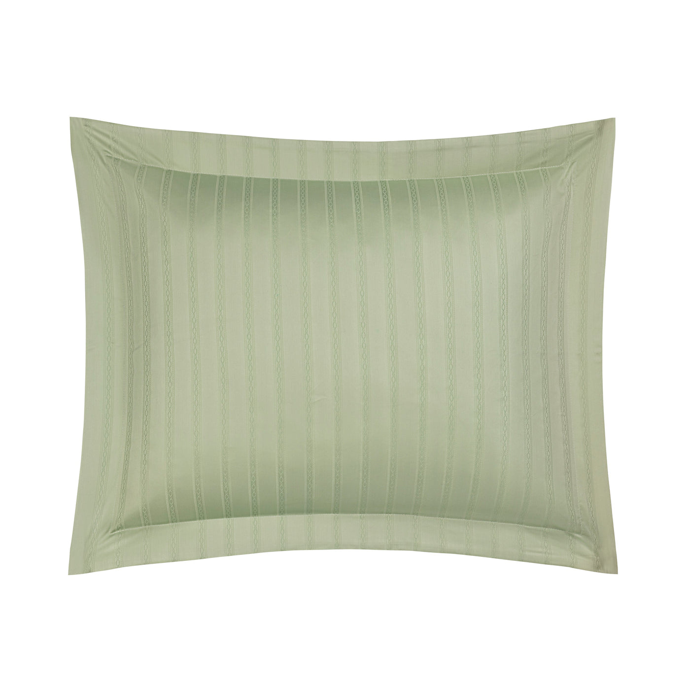 Sage green cotton pillow sham with tonal woven stripe pattern and flanged border.