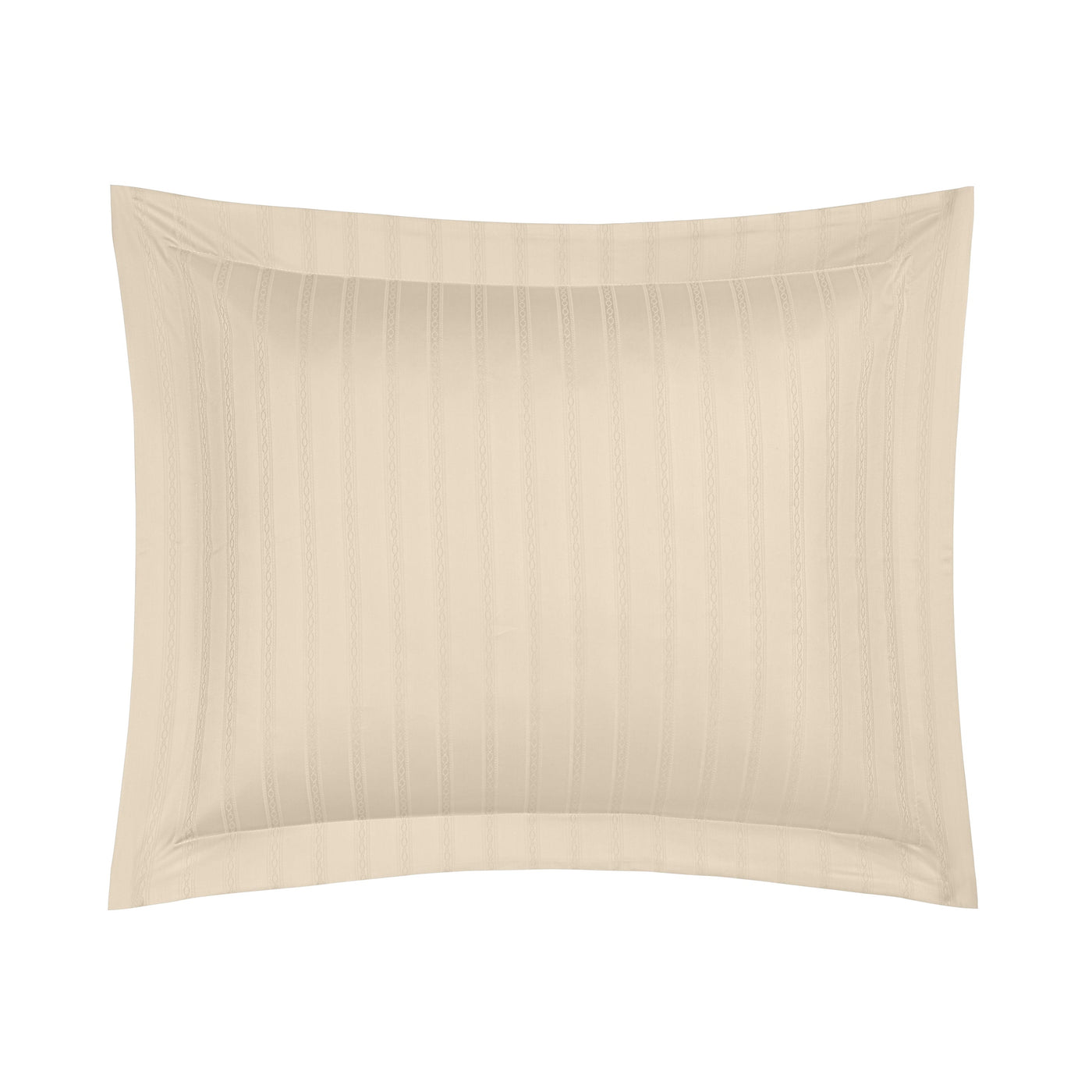 Champagne sateen pillow sham with tonal woven stripes and classic flange border.