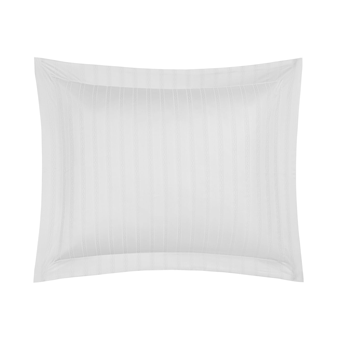 Christiane pillow sham in white with tonal satin stripe weave and flanged border.